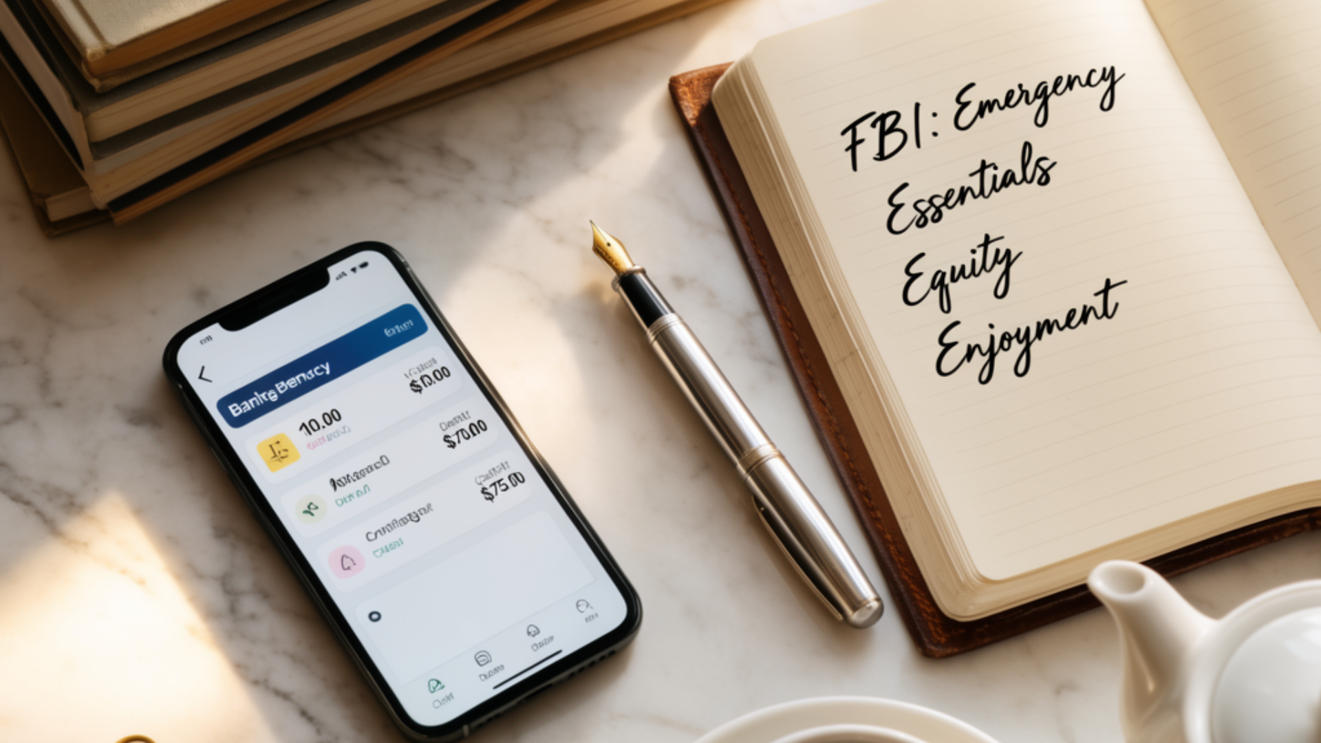 Flat-lay of a beautifully organized morning financial ritual: a leather-bound journal with the words 'FBI: Emergency, Essentials, Equity, Enjoyment' handwritten in elegant script, next to a smartphone showing a budgeting app Flat-lay of a beautifully organized morning financial ritual: a leather-bound journal with the words 'FBI: Emergency, Essentials, Equity, Enjoyment' handwritten in elegant script, next to a smartphone showing a budgeting app
