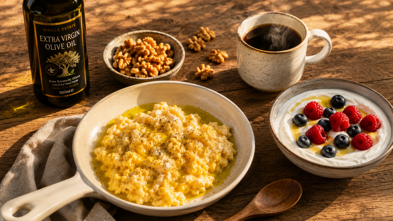 Photorealistic overhead shot of a beautiful longevity breakfast spread on a rustic wooden table at golden hour: scrambled eggs in a white ceramic pan drizzled with golden olive oil, a small bowl of whole walnuts, a cup of black coffee with steam rising, a bowl of Greek yogurt topped with fresh berries and a drizzle of honey, and a bottle of dark glass extra virgin olive oil. Warm, inviting morning light. Photorealistic overhead shot of a beautiful longevity breakfast spread on a rustic wooden table at golden hour: scrambled eggs in a white ceramic pan drizzled with golden olive oil, a small bowl of whole walnuts, a cup of black coffee with steam rising, a bowl of Greek yogurt topped with fresh berries and a drizzle of honey, and a bottle of dark glass extra virgin olive oil. Warm, inviting morning light.