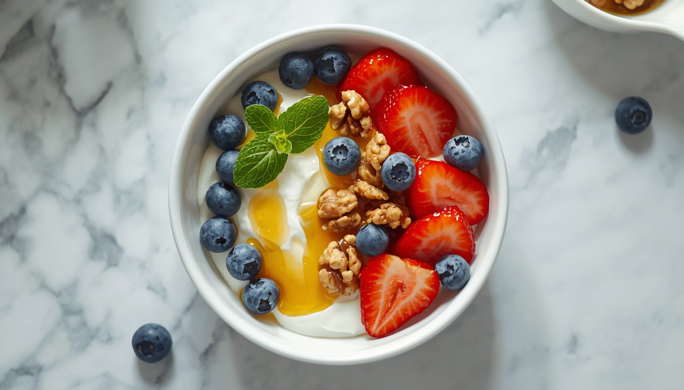 Photorealistic overhead shot of a white bowl filled with thick Greek yogurt topped with fresh blueberries, strawberries, whole walnuts, and a drizzle of golden honey. Fresh mint leaf garnish. Bright, clean kitchen counter background. Photorealistic overhead shot of a white bowl filled with thick Greek yogurt topped with fresh blueberries, strawberries, whole walnuts, and a drizzle of golden honey. Fresh mint leaf garnish. Bright, clean kitchen counter background.