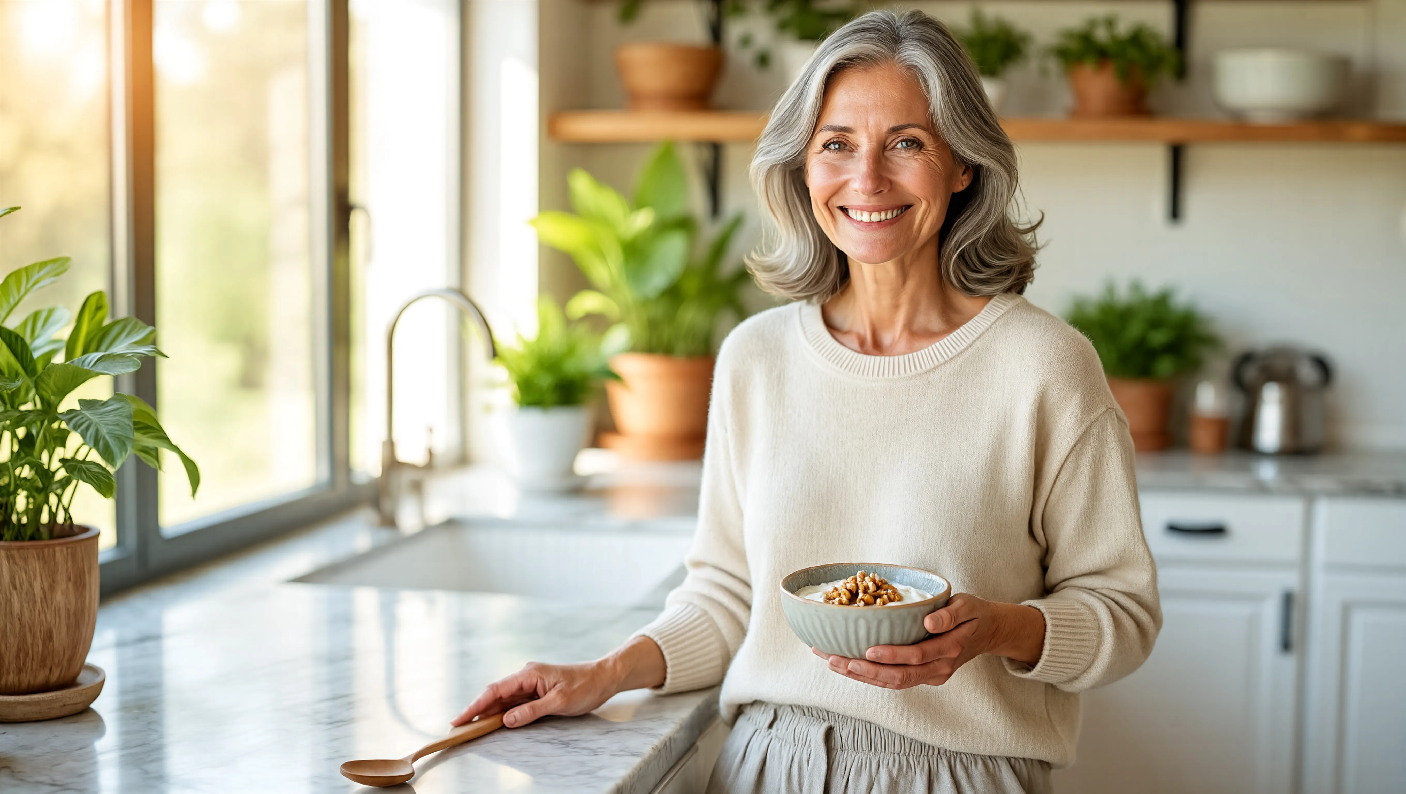 Photorealistic lifestyle image of a healthy, vibrant person in their 50s or 60s standing in a bright, modern kitchen preparing a longevity breakfast. They're smiling, holding a bowl of yogurt with walnuts, wearing casual comfortable clothing. Sunlight flooding through large windows, plants in background, feeling of vitality and wellness. Photorealistic lifestyle image of a healthy, vibrant person in their 50s or 60s standing in a bright, modern kitchen preparing a longevity breakfast. They're smiling, holding a bowl of yogurt with walnuts, wearing casual comfortable clothing. Sunlight flooding through large windows, plants in background, feeling of vitality and wellness.