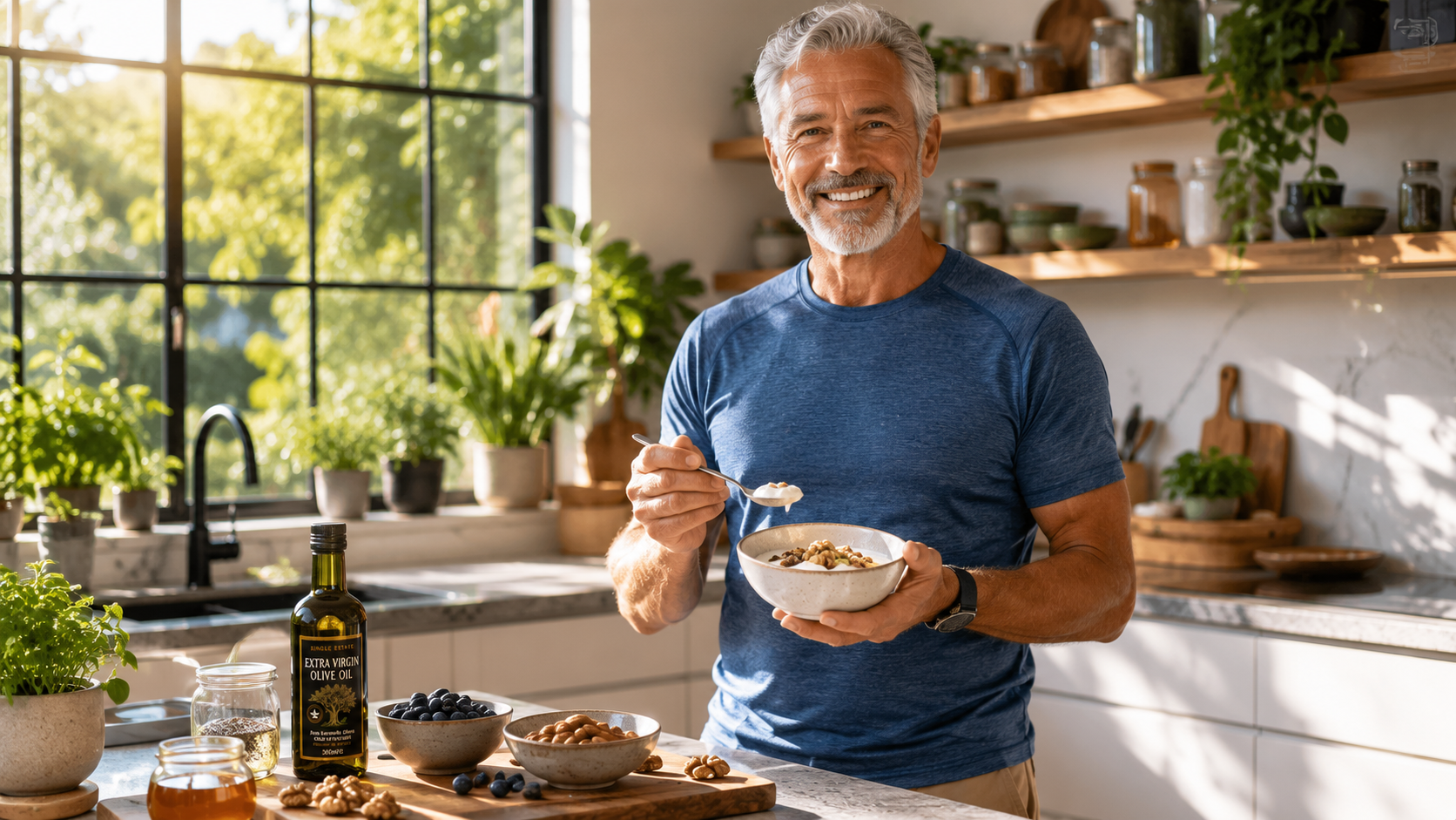 Photorealistic lifestyle image of a healthy, vibrant person in their 50s or 60s standing in a bright, modern kitchen preparing a longevity breakfast. They're smiling, holding a bowl of yogurt with walnuts, wearing casual comfortable clothing. Sunlight flooding through large windows, plants in background, feeling of vitality and wellness. Photorealistic lifestyle image of a healthy, vibrant person in their 50s or 60s standing in a bright, modern kitchen preparing a longevity breakfast. They're smiling, holding a bowl of yogurt with walnuts, wearing casual comfortable clothing. Sunlight flooding through large windows, plants in background, feeling of vitality and wellness.