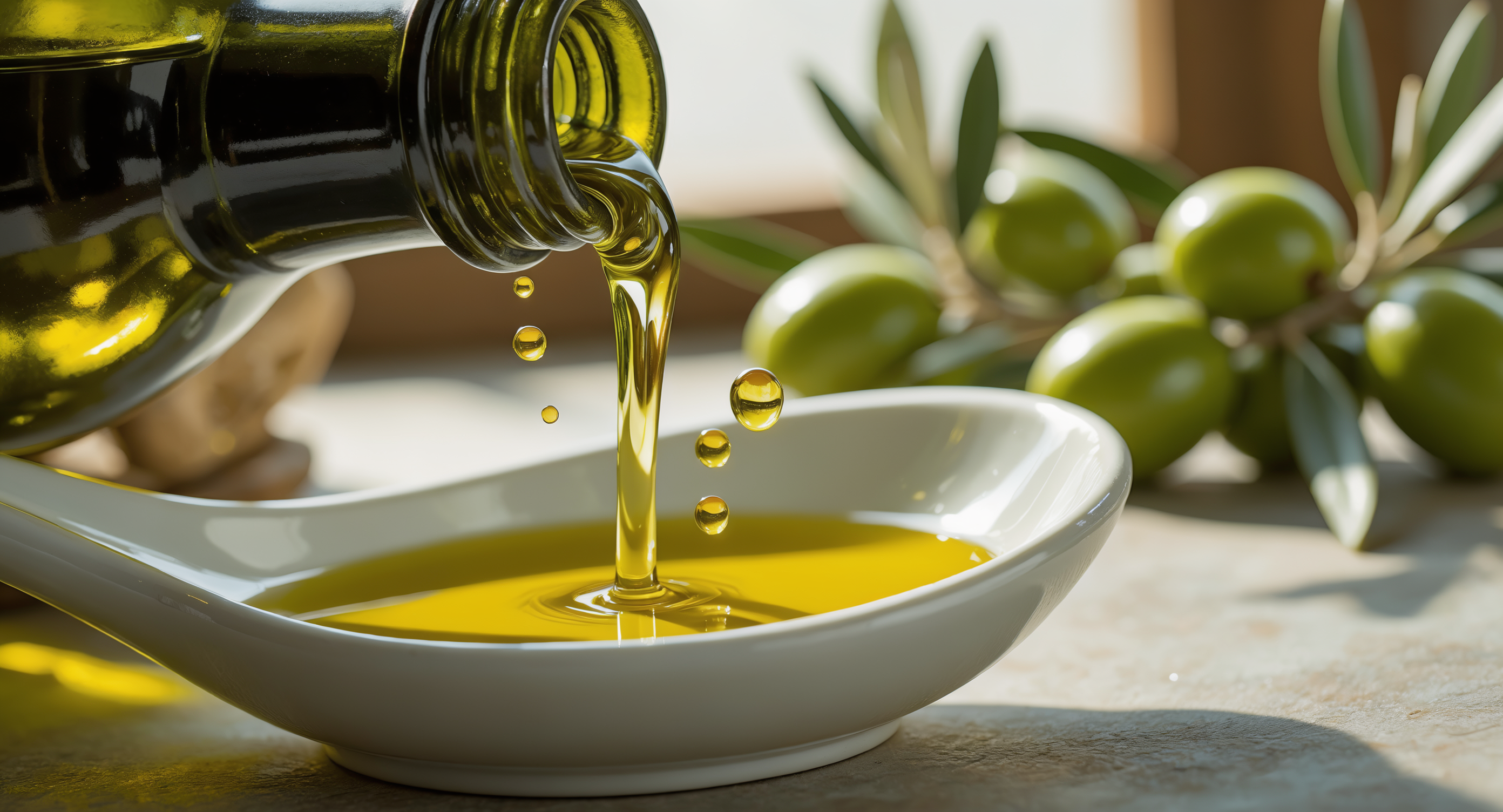 Photorealistic close-up of golden-green extra virgin olive oil being poured from a dark glass bottle into a white ceramic spoon, with fresh green olives and olive branches in the background. Mediterranean kitchen setting with natural light. Photorealistic close-up of golden-green extra virgin olive oil being poured from a dark glass bottle into a white ceramic spoon, with fresh green olives and olive branches in the background. Mediterranean kitchen setting with natural light.