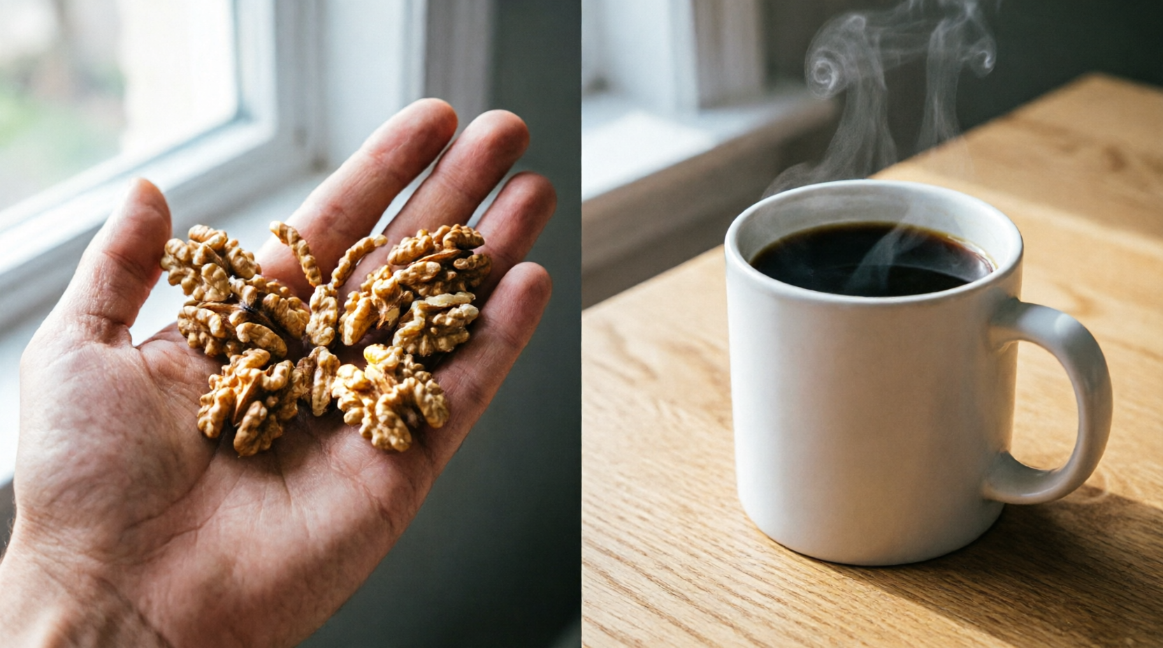 Photorealistic split composition: left side shows a hand holding 14 walnut halves arranged like a butterfly, right side shows a white ceramic mug of black coffee with gentle steam on a wooden table. Morning sunlight streaming through a window. Photorealistic split composition: left side shows a hand holding 14 walnut halves arranged like a butterfly, right side shows a white ceramic mug of black coffee with gentle steam on a wooden table. Morning sunlight streaming through a window.