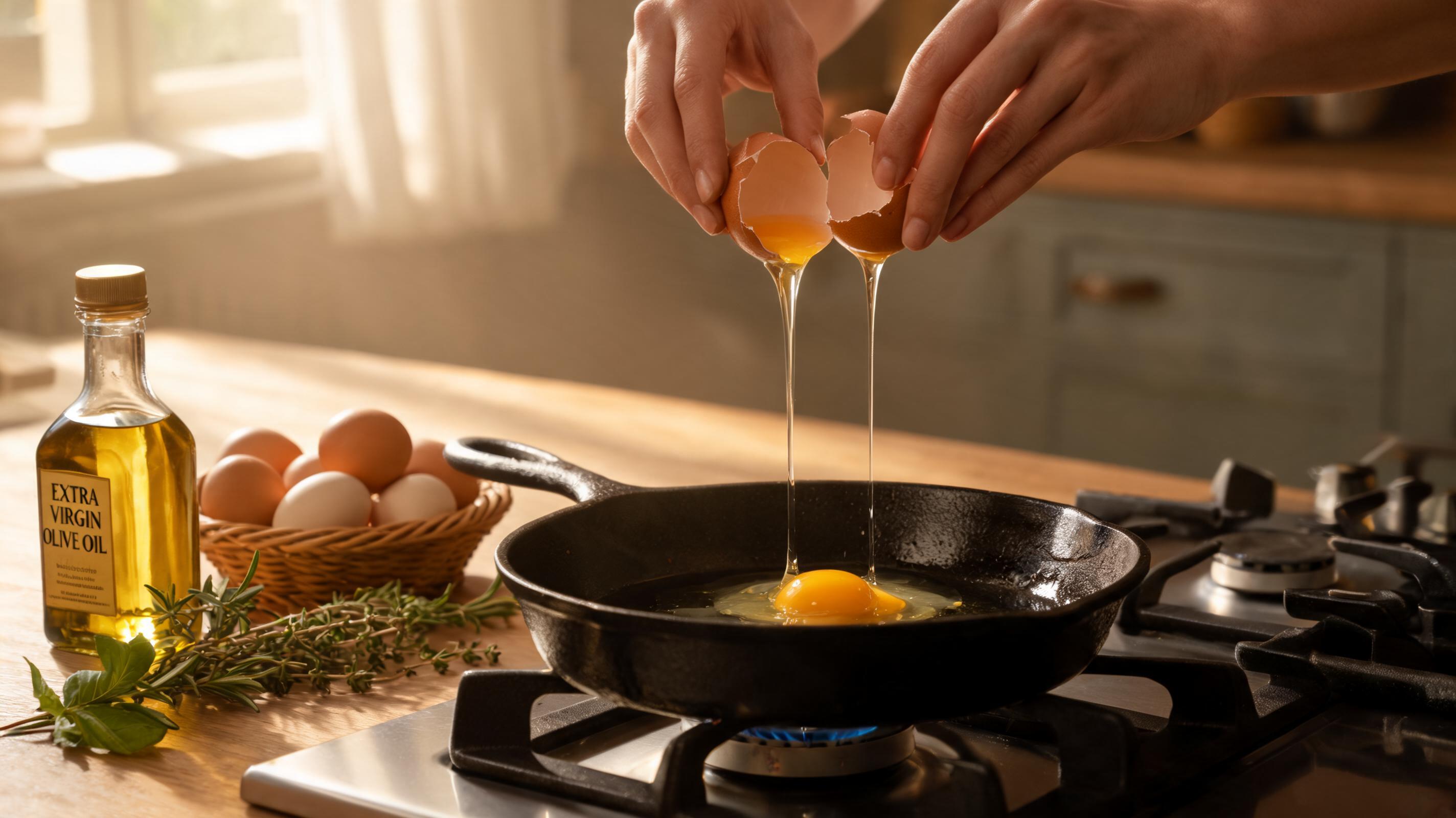 Photorealistic action shot of eggs being cracked into a cast iron pan on a hot stove top, with golden extra virgin olive oil in a bottle on the countertop, soft morning light from a kitchen window. Fresh eggs in a basket nearby, herbs scattered on wooden counter. Photorealistic action shot of eggs being cracked into a cast iron pan on a hot stove top, with golden extra virgin olive oil in a bottle on the countertop, soft morning light from a kitchen window. Fresh eggs in a basket nearby, herbs scattered on wooden counter.