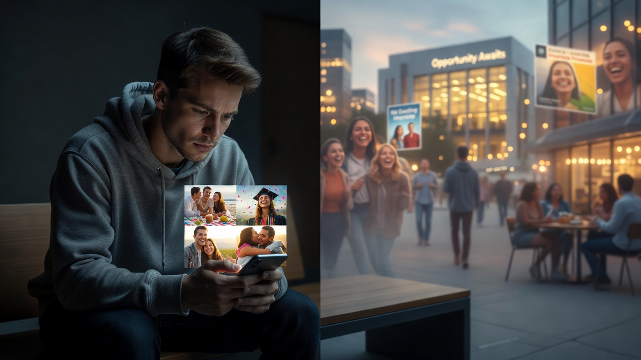 Photorealistic split-screen style image showing a person looking at their phone with a sad expression, seeing images of happy memories on the screen, while beautiful opportunities exist in the blurred background around them.