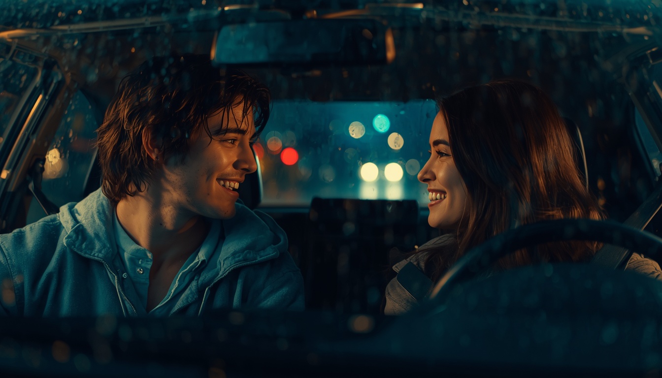 Photorealistic image of two young adults sitting in a car in the rain, deep in conversation, genuine smiles and connection visible through the rain-streaked windows, warm interior lighting contrasting with cool blue rain outside, intimate and authentic moment.