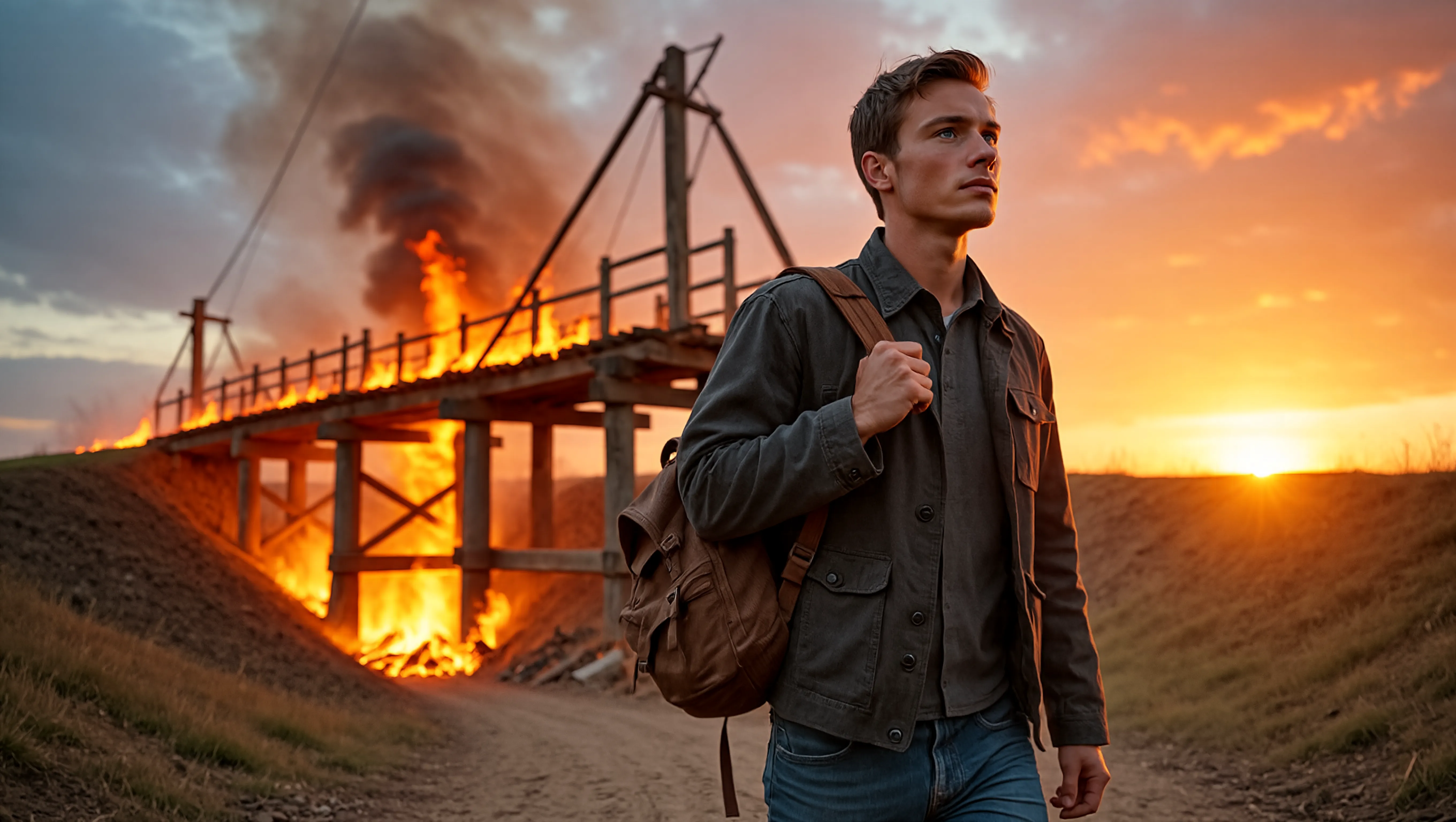 Photorealistic image of someone burning a bridge behind them with a small, controlled fire, walking forward with determination toward a bright horizon, dramatic sunset lighting, powerful symbolism of commitment.