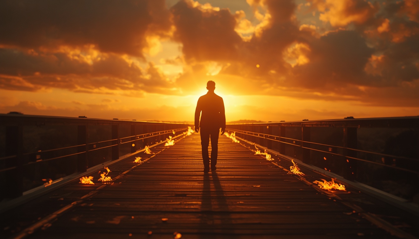 Photorealistic image of someone burning a bridge behind them (metaphorically & literally with a small, controlled fires), walking forward with determination toward a bright horizon, dramatic sunset lighting, powerful symbolism of commitment.