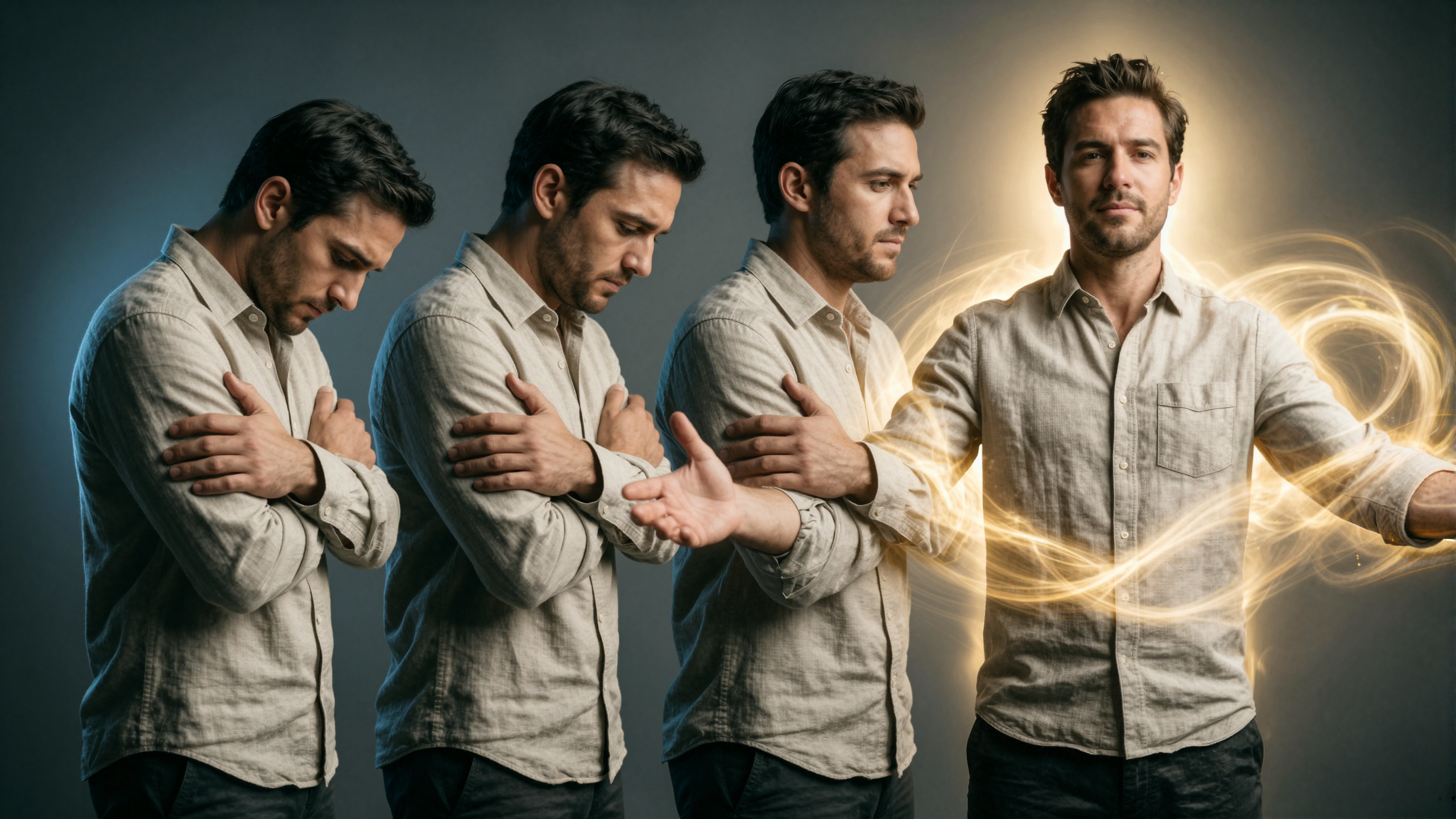 Photorealistic image of a person with arms crossed and closed body language on the left side of frame, transforming to open, expansive posture with arms reaching outward on the right side, warm light flowing around them, symbolic representation of energy shift.