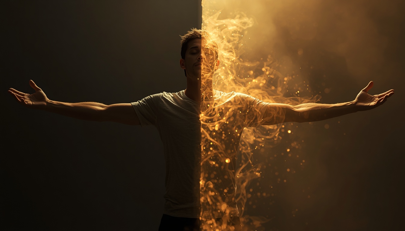 Photorealistic image of a person with arms transforming to open, expansive posture with arms reaching outward, warm light flowing around them, symbolic representation of energy shift.