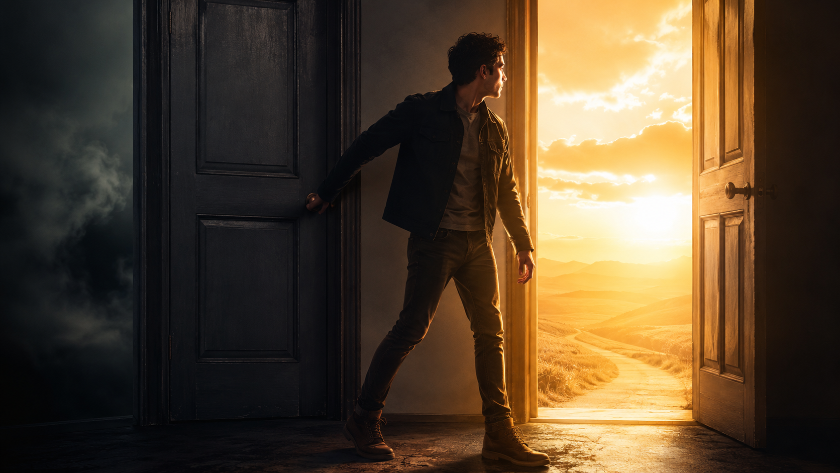 A young man in his early 20s standing at a crossroads, one foot stepping forward through an open door filled with warm golden light, while his hand still grips the handle of a closed door behind him. Dramatic lighting, cinematic composition, emotional tension between past and future.
