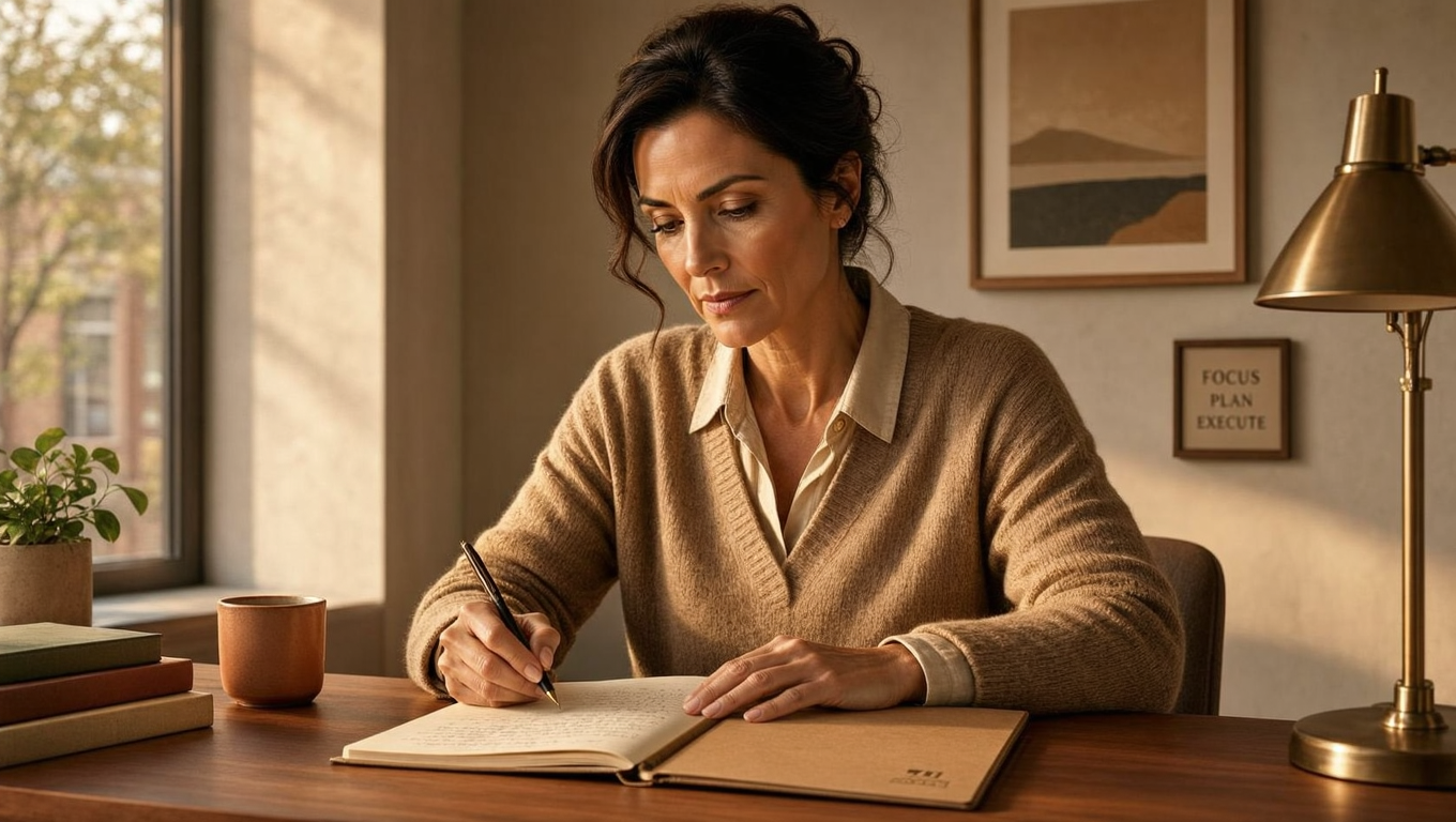 A woman in her 40s sitting at a desk with a notebook and pen, looking focused and determined. The lighting is soft and natural, highlighting her calm confidence. A woman in her 40s sitting at a desk with a notebook and pen, looking focused and determined. The lighting is soft and natural, highlighting her calm confidence.