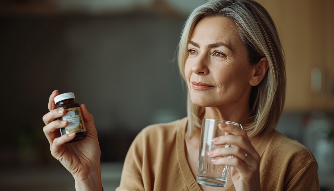 A woman in her 40s holding a supplement bottle and a glass of water, with a thoughtful expression. The lighting is soft and natural, highlighting her calm demeanor. The background is a modern kitchen with warm tones. A woman in her 40s holding a supplement bottle and a glass of water, with a thoughtful expression. The lighting is soft and natural, highlighting her calm demeanor. The background is a modern kitchen with warm tones.
