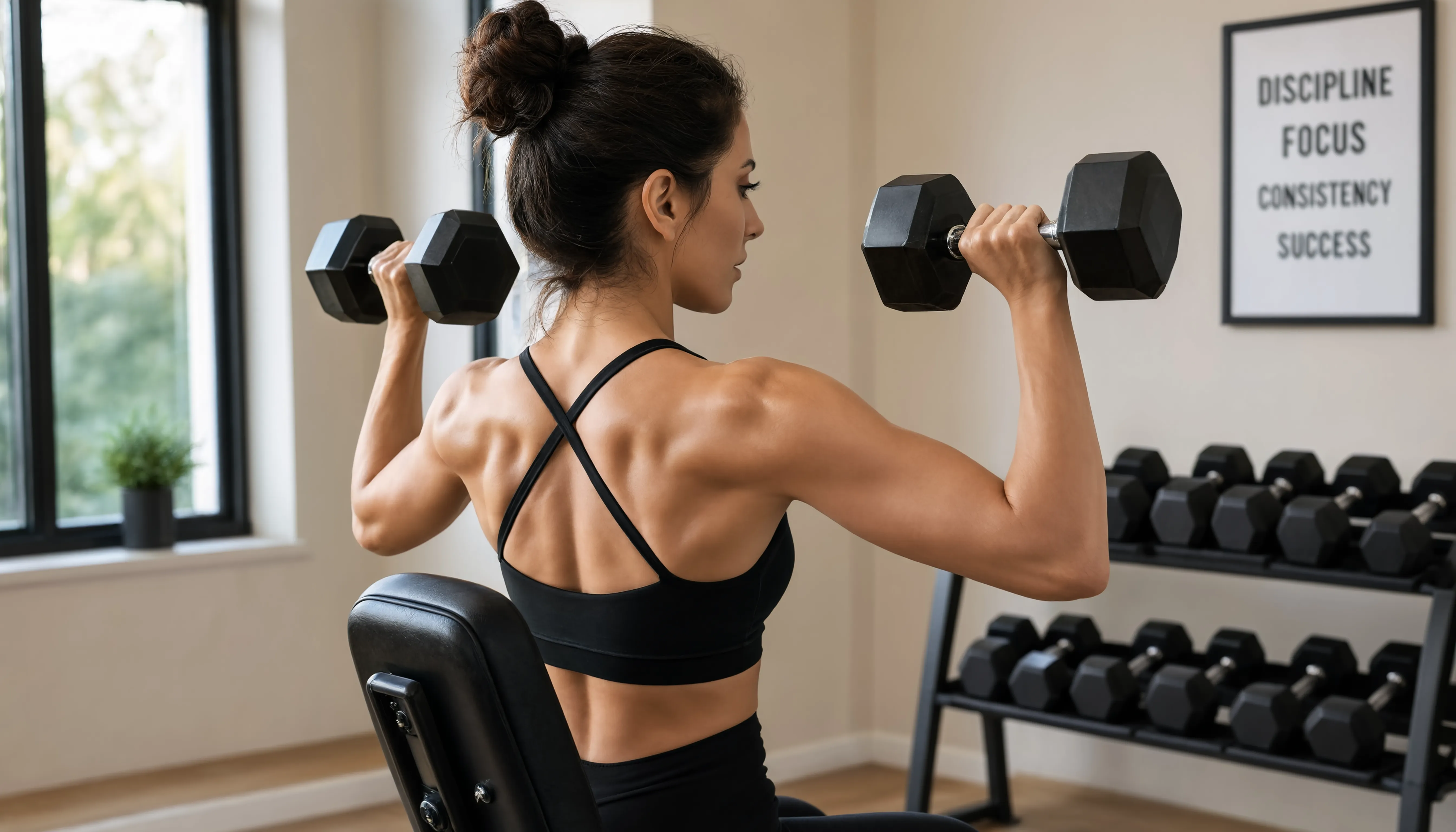 A woman lifting dumbbells in a home gym, with a focus on her shoulders and upper back. The lighting is soft and natural, highlighting her defined muscles. The background is a minimalist home gym. A woman lifting dumbbells in a home gym, with a focus on her shoulders and upper back. The lighting is soft and natural, highlighting her defined muscles. The background is a minimalist home gym.