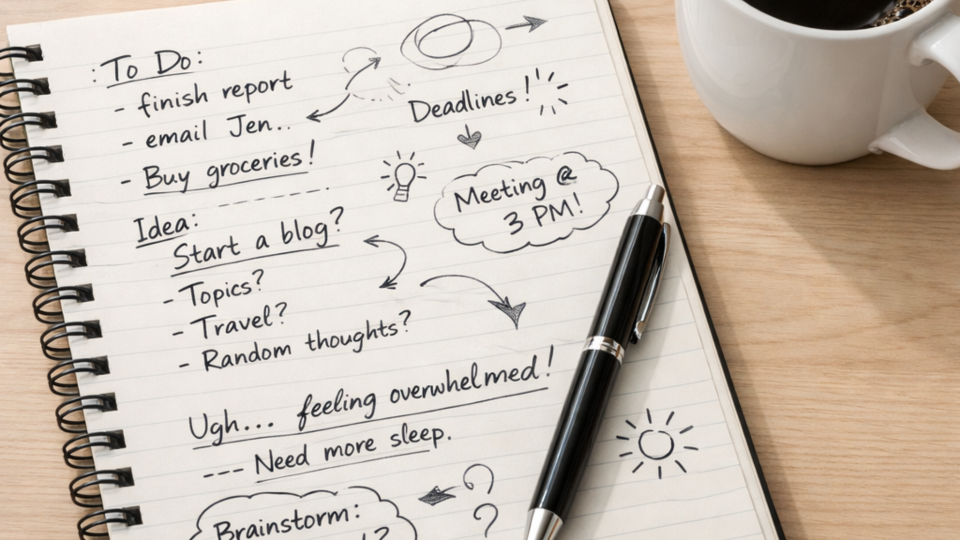 Overhead shot of a notebook page mid-thought-dump with a pen resting on it, coffee cup beside it. Overhead shot of a notebook page mid-thought-dump with a pen resting on it, coffee cup beside it.