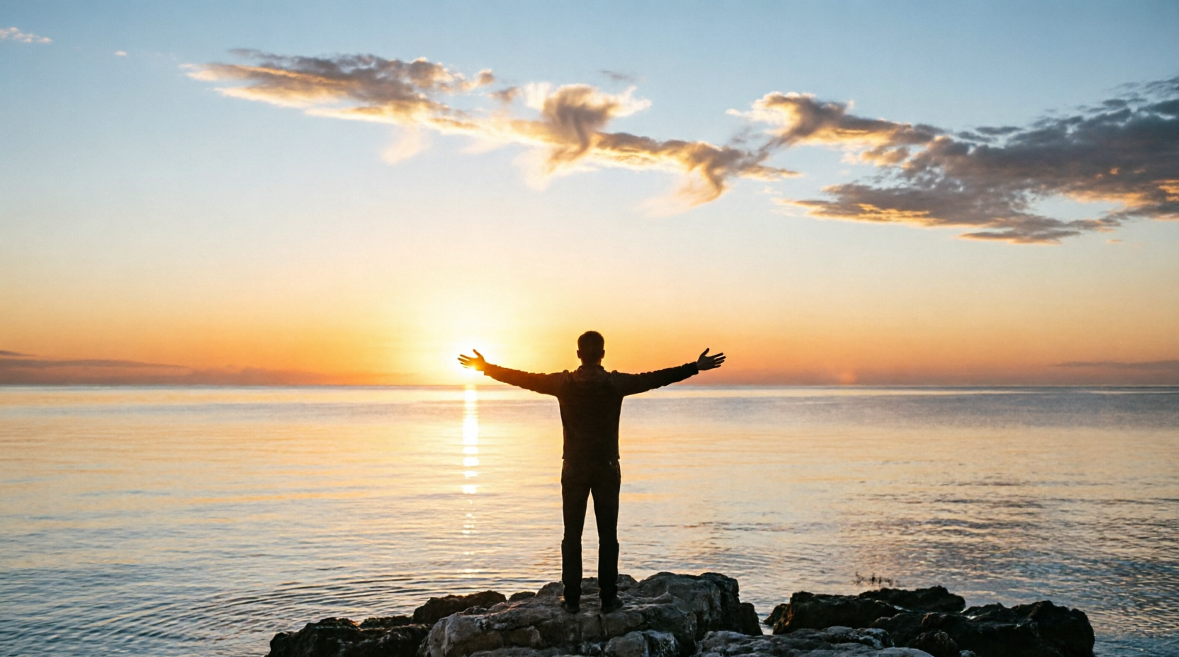 Silhouette of a person standing at a lake's edge arms open towards peaceful sunrise signifying taking action towards peace.