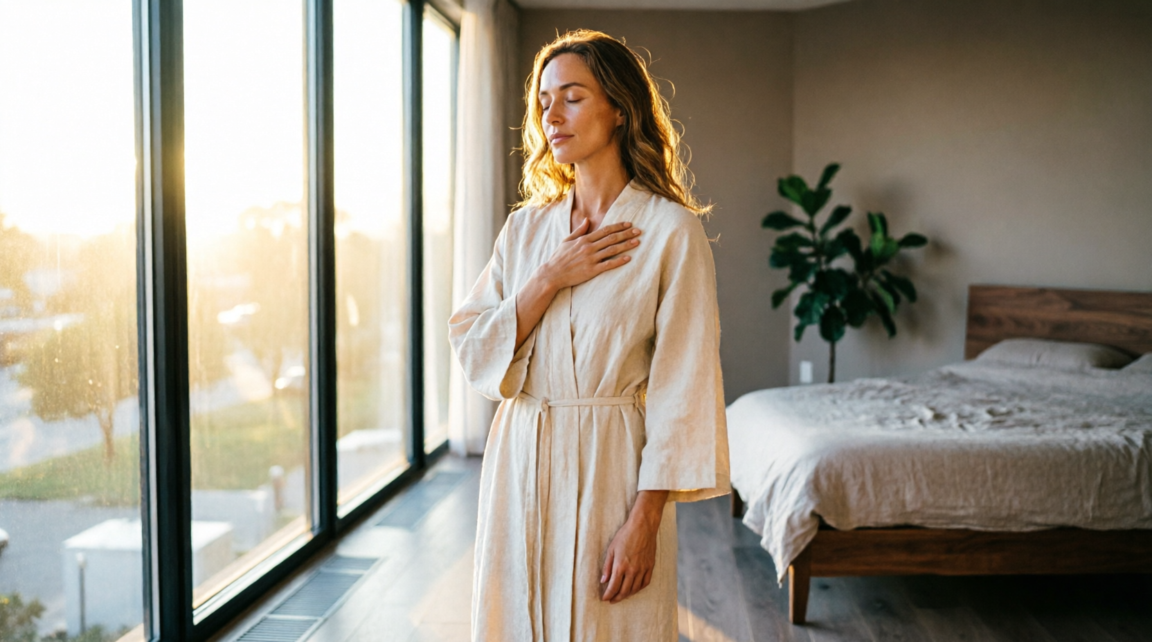 A person standing at a bright window at dawn, hand resting on their own chest, eyes closed, soft golden theta-hour light, warm minimalist bedroom. A person standing at a bright window at dawn, hand resting on their own chest, eyes closed, soft golden theta-hour light, warm minimalist bedroom.