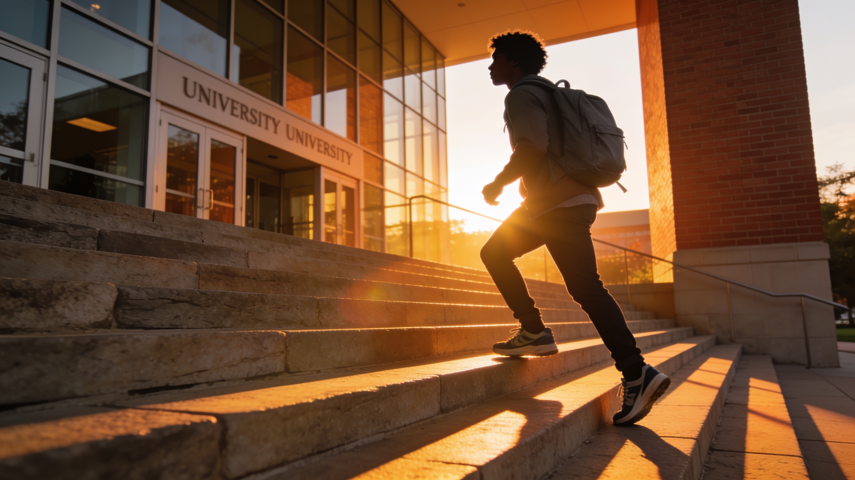 A young adult walking confidently up steps into a university building at sunrise, backpack on. A young adult walking confidently up steps into a university building at sunrise, backpack on.