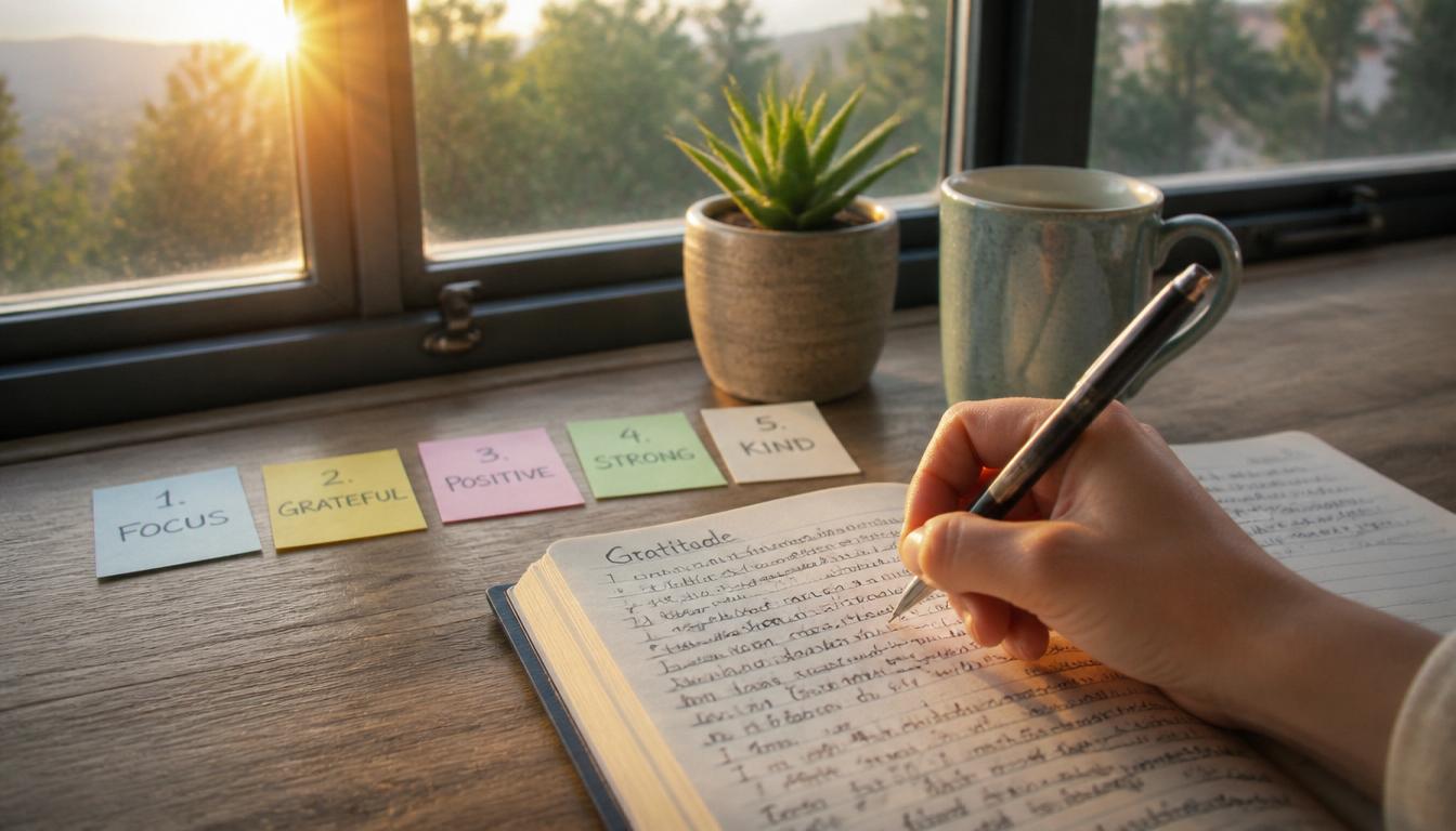 Close-up of a hand writing in a journal on a wooden desk, five small numbered sticky notes arranged nearby. Close-up of a hand writing in a journal on a wooden desk, five small numbered sticky notes arranged nearby.