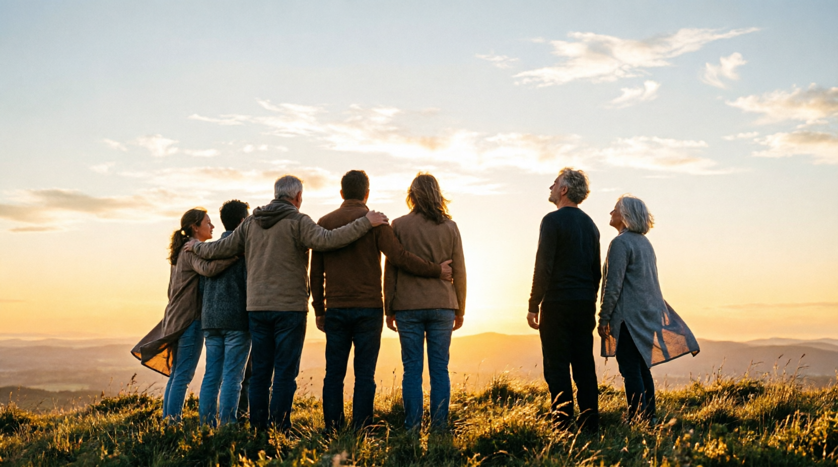 A diverse group of people — different ages, genders, ethnicities — standing loosely together on a hilltop or open field at golden-hour sunrise, some with arms around each other's shoulders, some standing calmly with eyes closed facing the light, sense of quiet unity and shared stillness rather than celebration. A diverse group of people — different ages, genders, ethnicities — standing loosely together on a hilltop or open field at golden-hour sunrise, some with arms around each other's shoulders, some standing calmly with eyes closed facing the light, sense of quiet unity and shared stillness rather than celebration.