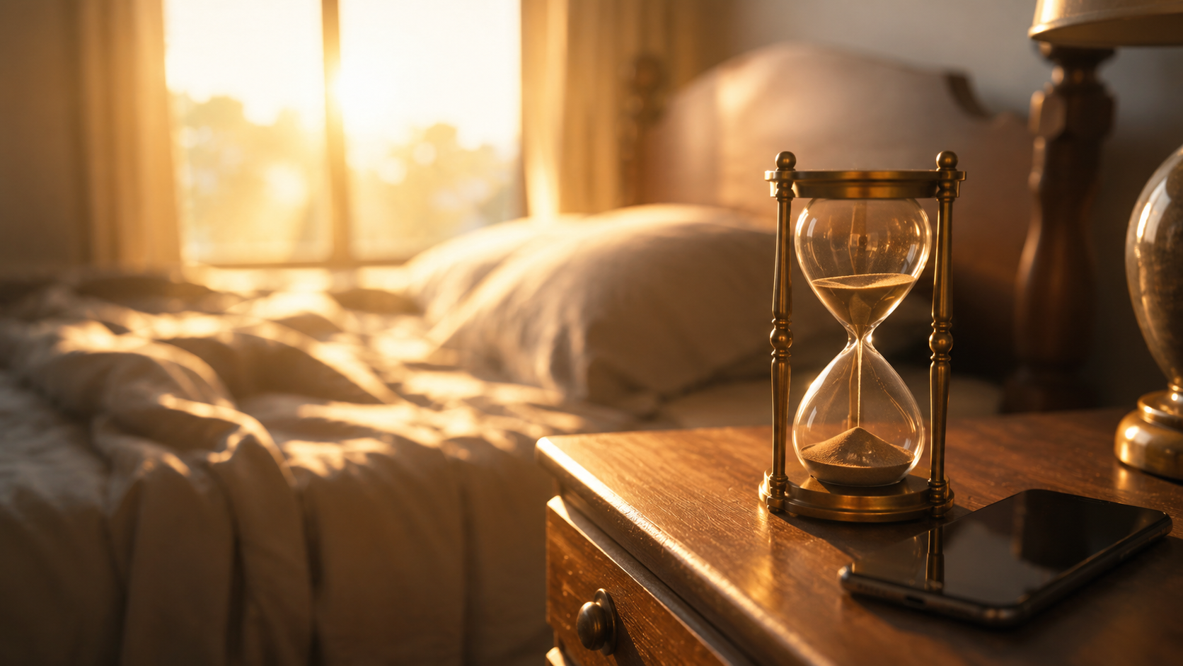 A warm golden-hour morning light streaming through a bedroom window, an antique hourglass sitting on a nightstand next to a phone with the screen dark and face-down, soft focus backgroud.