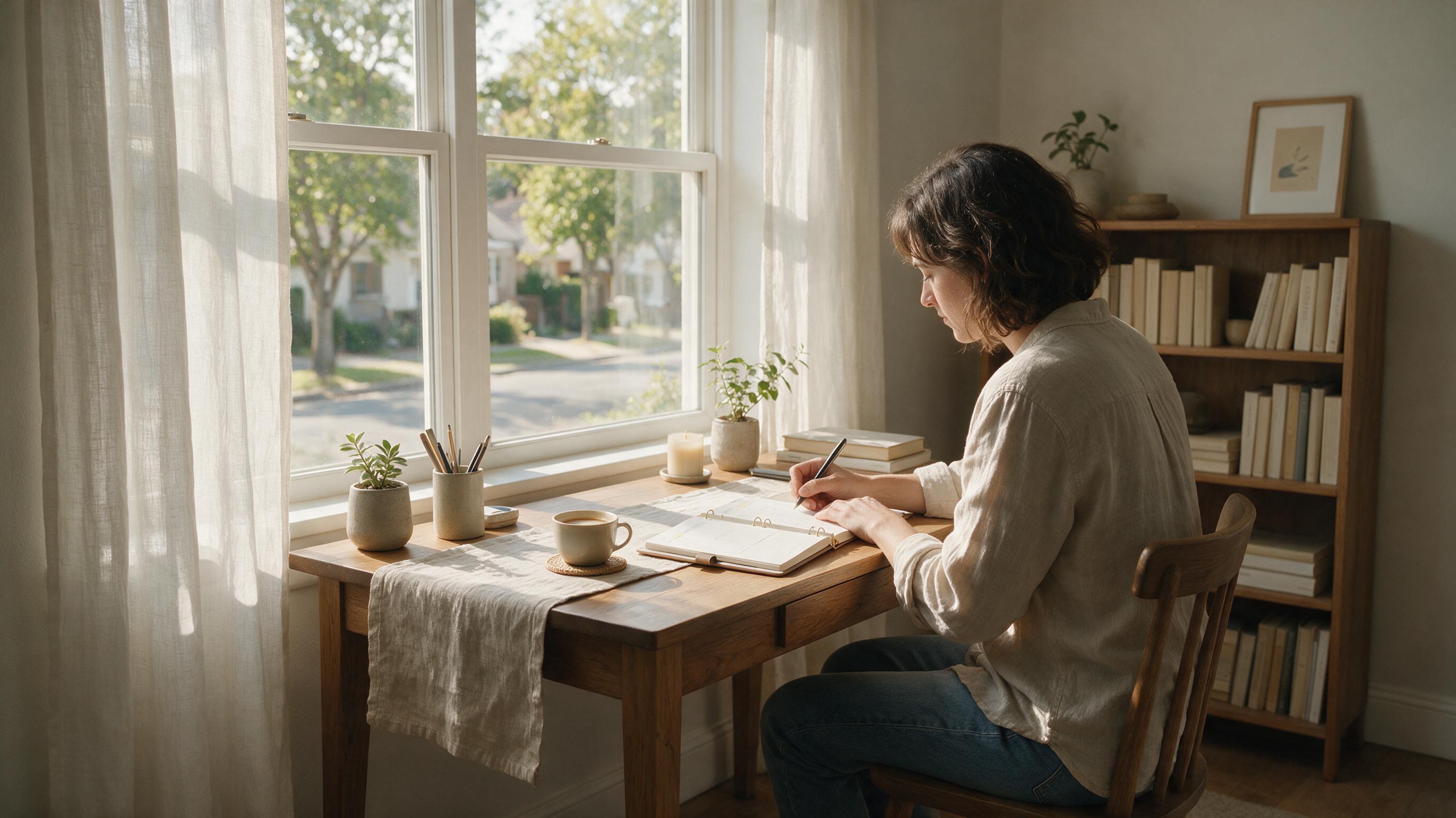 A person sitting at a wooden desk on a Friday afternoon, writing in a planner with a cup of coffee nearby, soft natural window light, calm and organized mood.