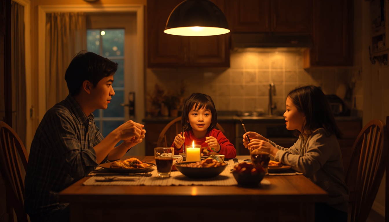 A small family of three eating dinner together at a kitchen table on a weeknight, warm lamplight, genuine candid moment.
