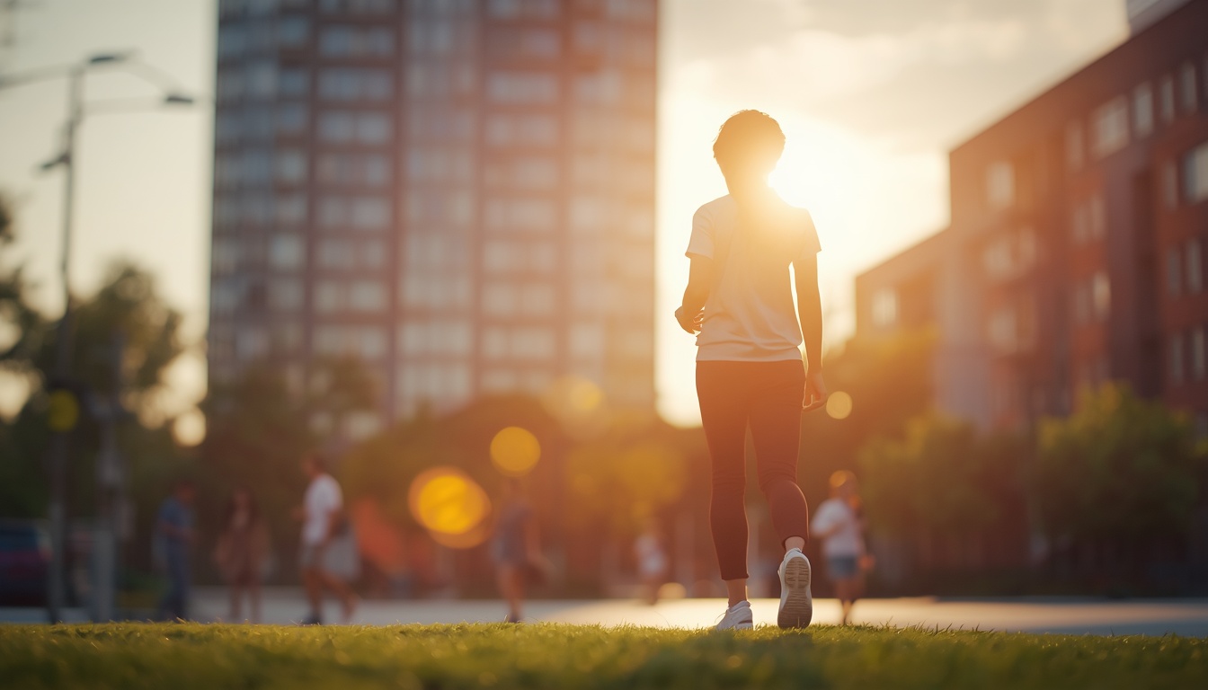 A person standing outside taking a short walk break in early afternoon sunlight, office building blurred in background, energetic and refreshed mood.