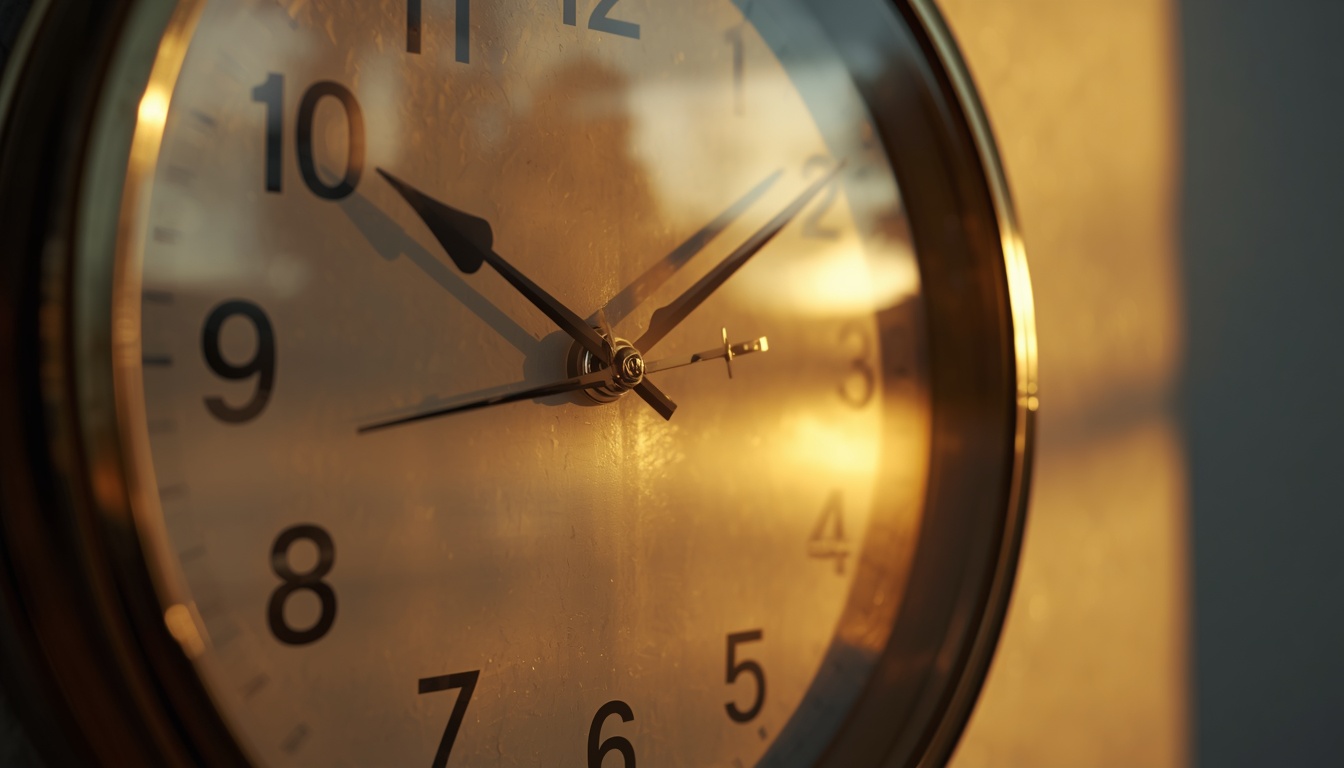 A close-up of a wall clock with warm morning light, subtle double exposure effect showing a peaceful outdoor scene through the clock face.
