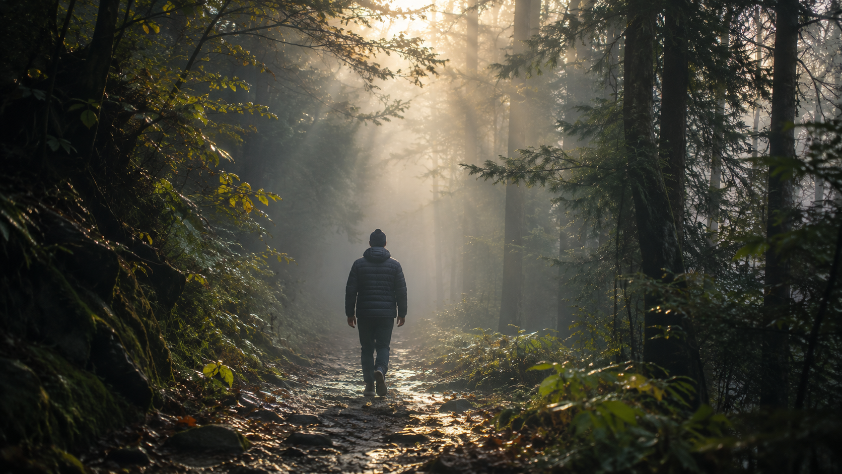 A person walking on a misty forest path, one foot stepping forward into unknown fog, peaceful expression showing trust, soft diffused light filtering through trees, metaphor for faith in the journey.