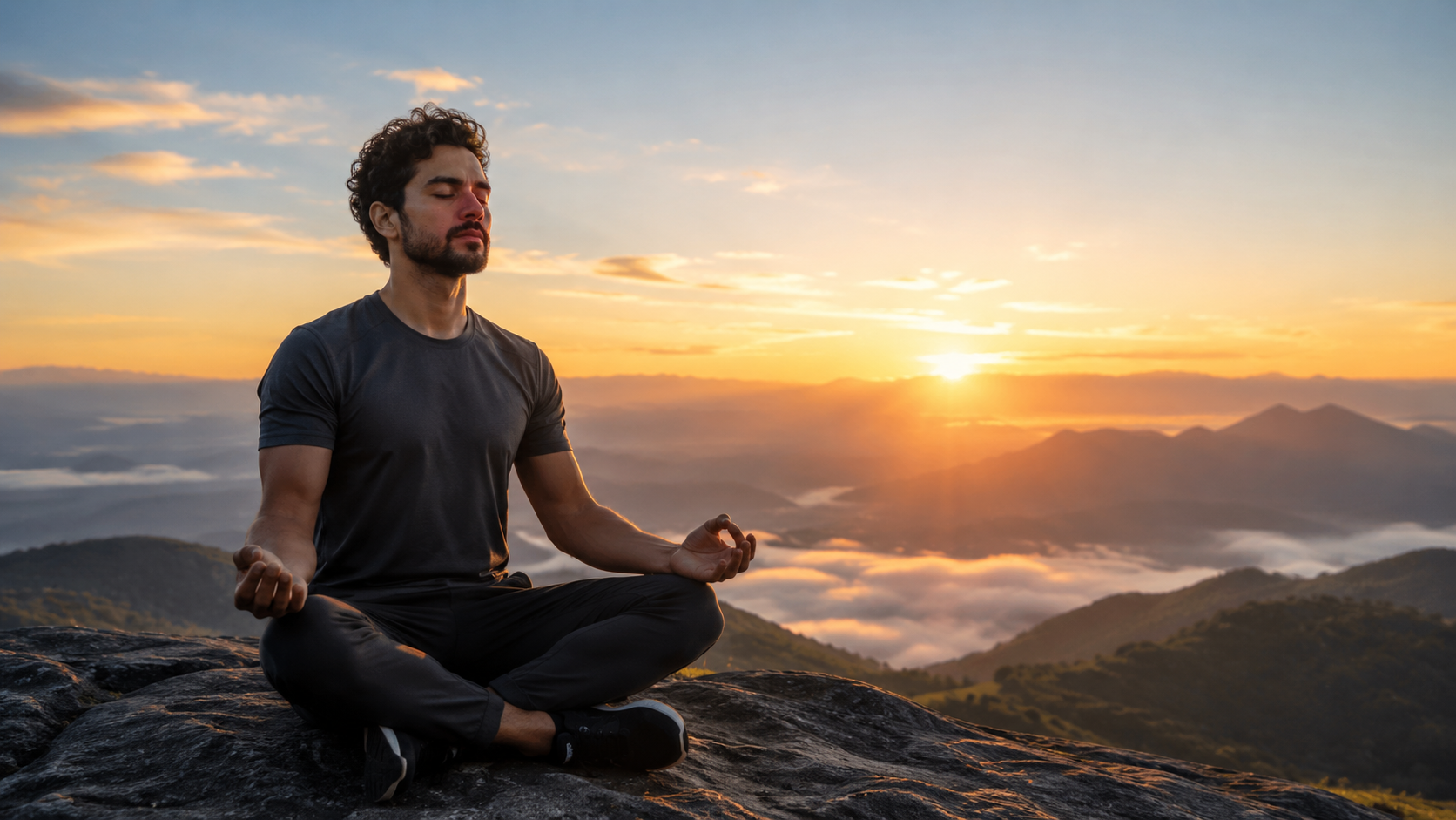 A person in peaceful meditation at sunrise, sitting cross-legged on a mountaintop, golden hour lighting, serene expression, wearing simple athletic clothing, misty valley below, sense of inner peace and mastery.