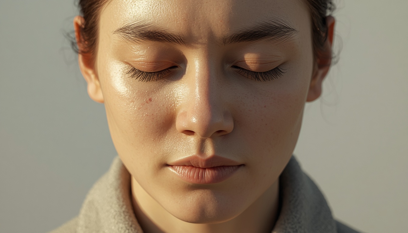 Photorealistic close-up of a person's face in deep meditation, eyes closed, completely peaceful expression, soft morning light on skin, minimal background, sense of profound inner quiet.