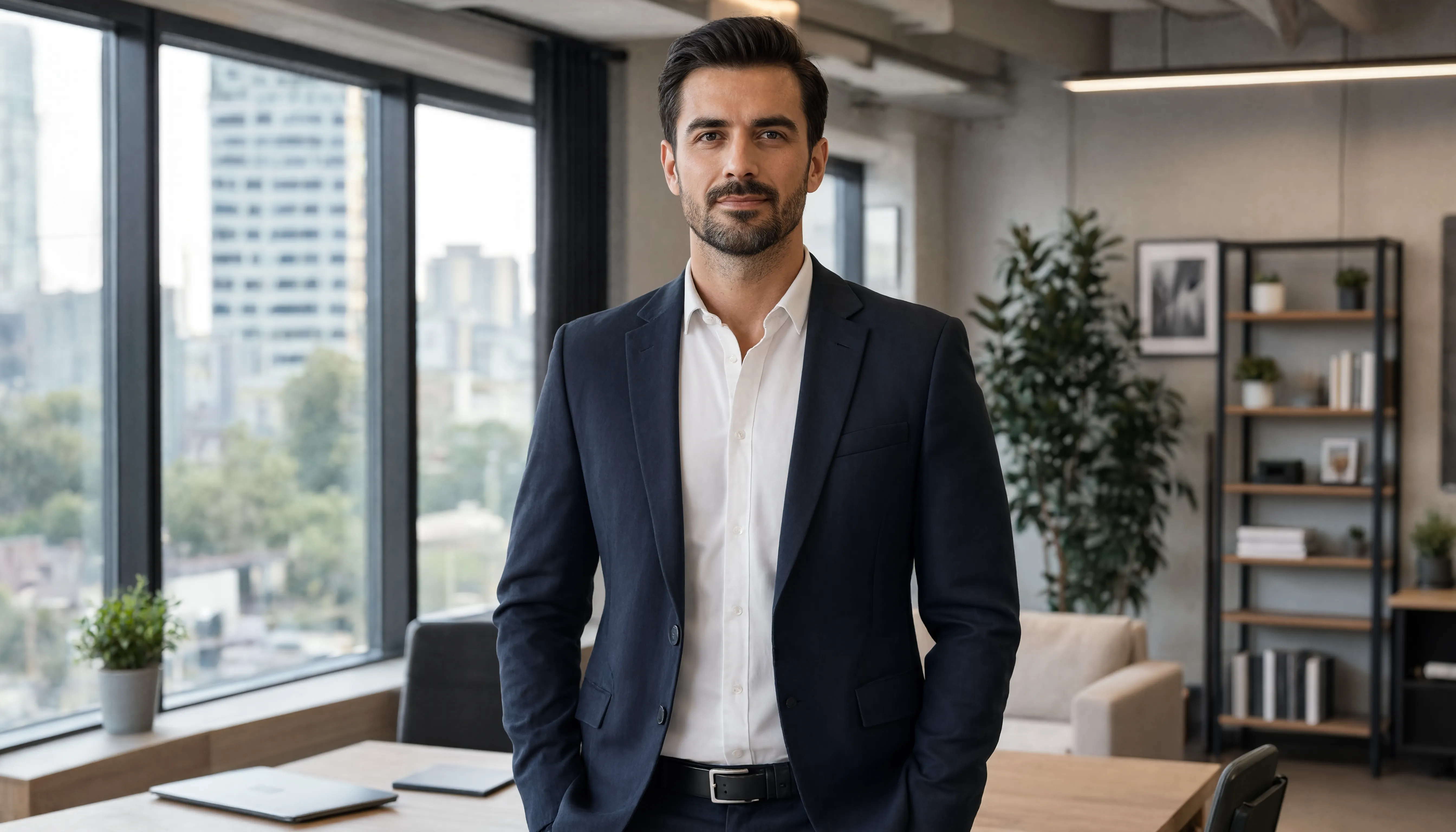 A confident entrepreneur standing tall in a modern office, calm and unshakeable posture, soft natural light streaming through windows, subtle smile of self-assurance, professional but approachable, symbolizing inner knowing and integrity.