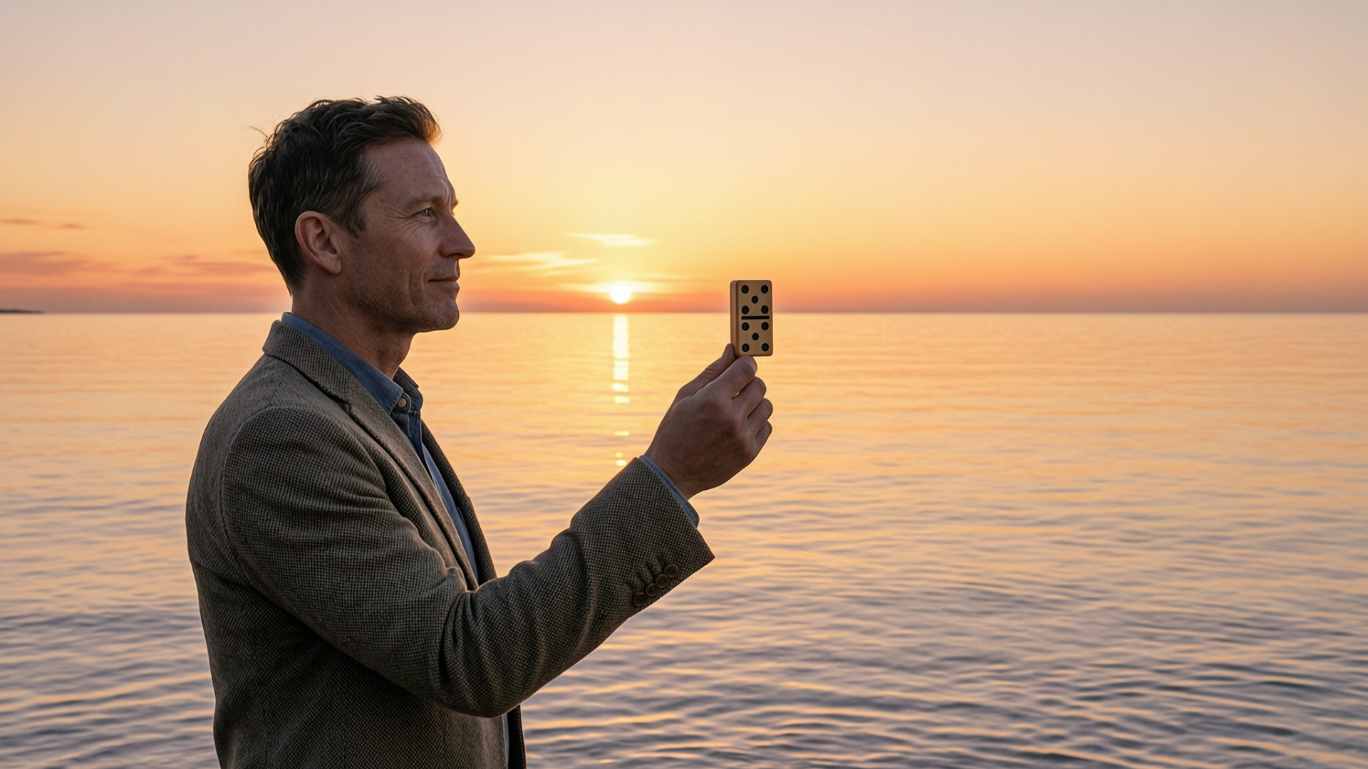 Photorealistic wide shot of a person standing at the edge of a calm ocean at sunrise, holding a single domino in their hand, looking toward horizon with determined but peaceful expression, metaphorical representation of momentum and infinite possibility! Photorealistic wide shot of a person standing at the edge of a calm ocean at sunrise, holding a single domino in their hand, looking toward horizon with determined but peaceful expression, metaphorical representation of momentum and infinite possibility!