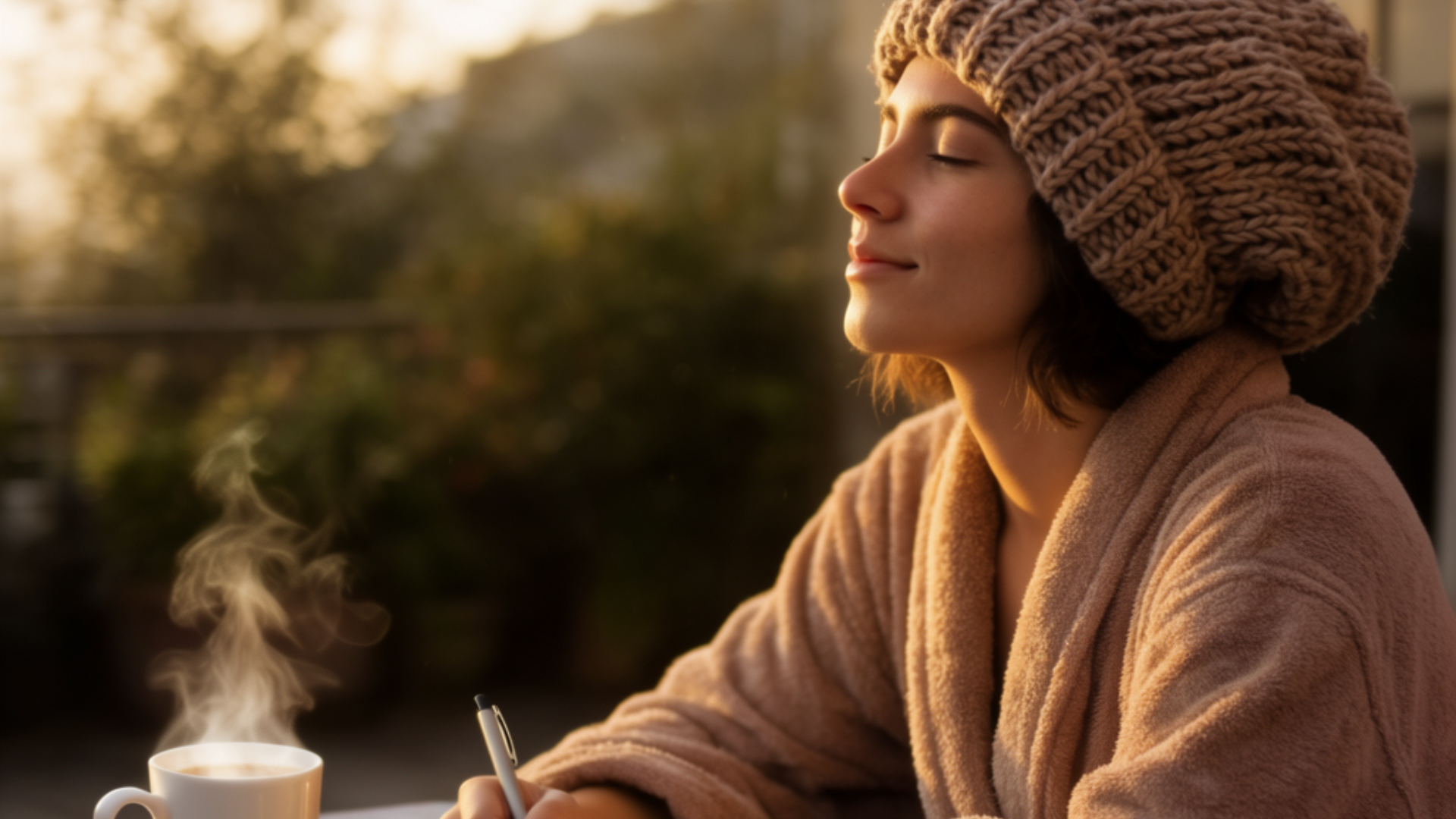 A person at dawn sitting peacefully with journal and coffee, soft theta-state morning light, serene expression A person at dawn sitting peacefully with journal and coffee, soft theta-state morning light, serene expression