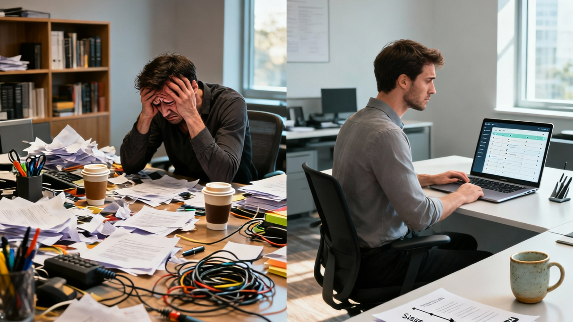 Split-screen composition showing two different desk setups: left side shows scattered papers, coffee cups, and chaotic workspace with stressed person, right side shows organized sequential workflow with clear progression Split-screen composition showing two different desk setups: left side shows scattered papers, coffee cups, and chaotic workspace with stressed person, right side shows organized sequential workflow with clear progression
