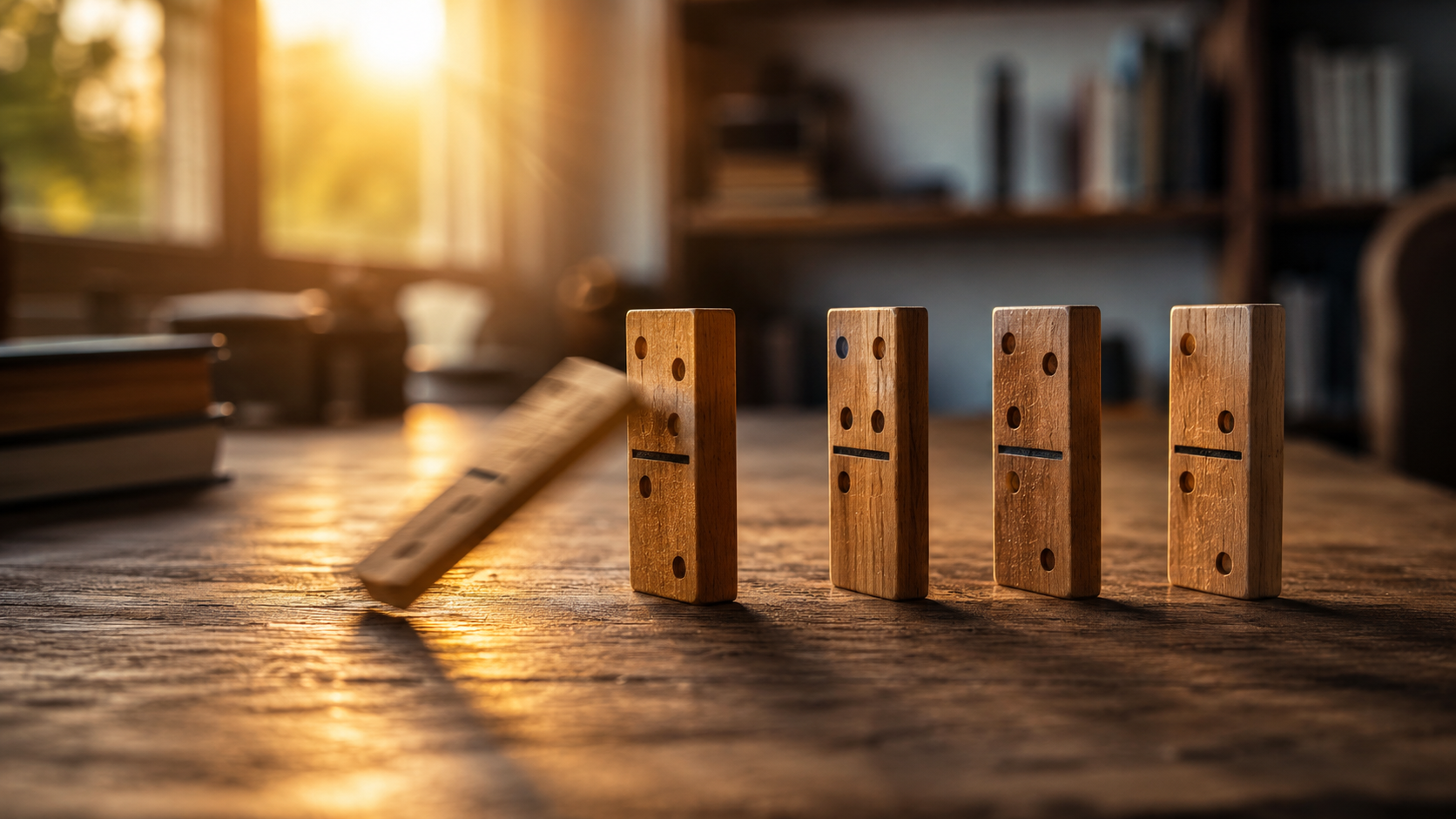 Photorealistic image of four wooden dominoes arranged in a perfect line on a rustic wooden desk, early morning golden hour light streaming through a window. Photorealistic image of four wooden dominoes arranged in a perfect line on a rustic wooden desk, early morning golden hour light streaming through a window.