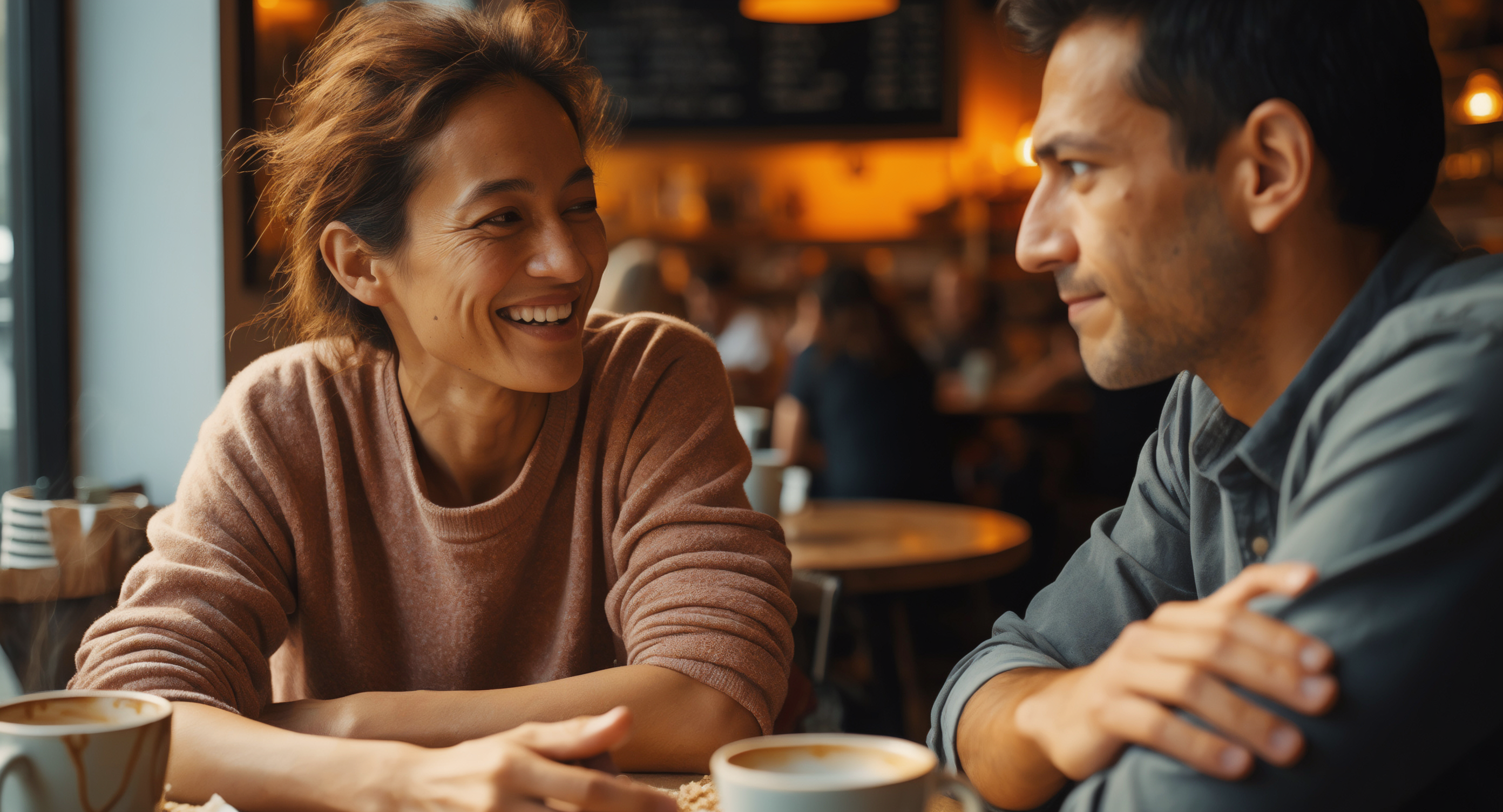 Photorealistic image of two people in conversation at a coffee shop, one person with open body language (uncrossed arms, leaning forward, smiling warmly), the other transitioning from closed to open posture, warm ambient lighting, authentic moment of connection. Photorealistic image of two people in conversation at a coffee shop, one person with open body language (uncrossed arms, leaning forward, smiling warmly), the other transitioning from closed to open posture, warm ambient lighting, authentic moment of connection.