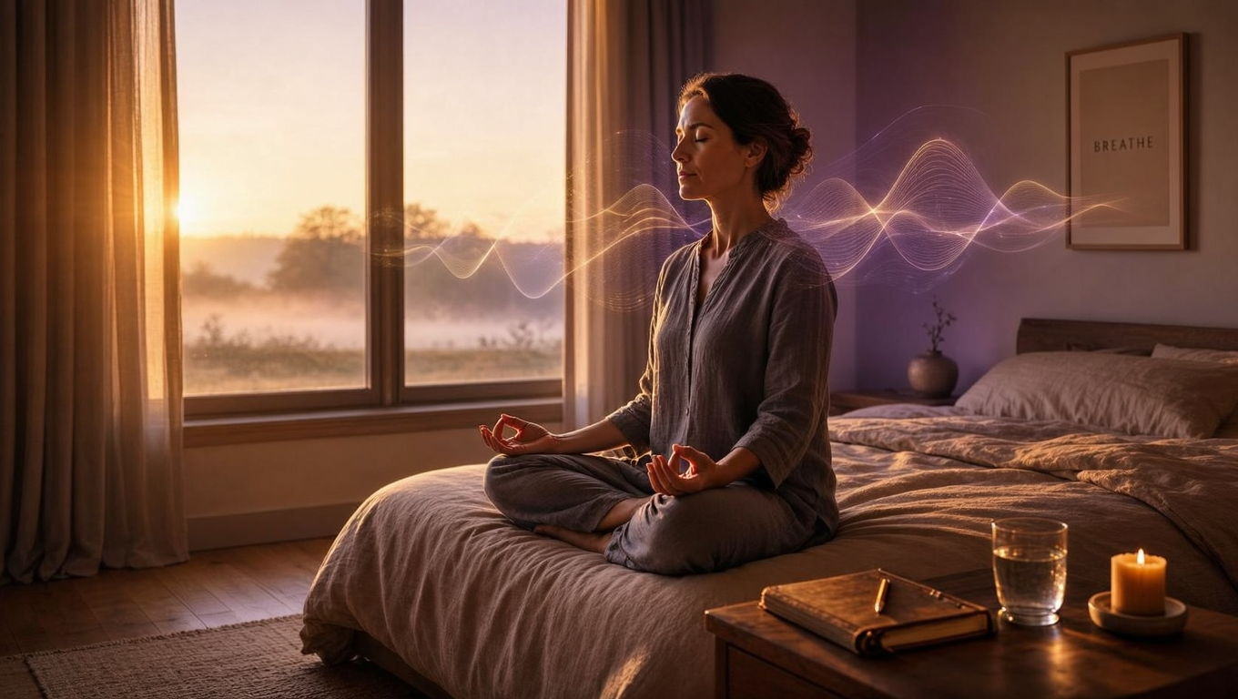 A woman peacefully sitting on her bed in the Lotus position focusing on programming her day before the day programs her. A woman peacefully sitting on her bed in the Lotus position focusing on programming her day before the day programs her.