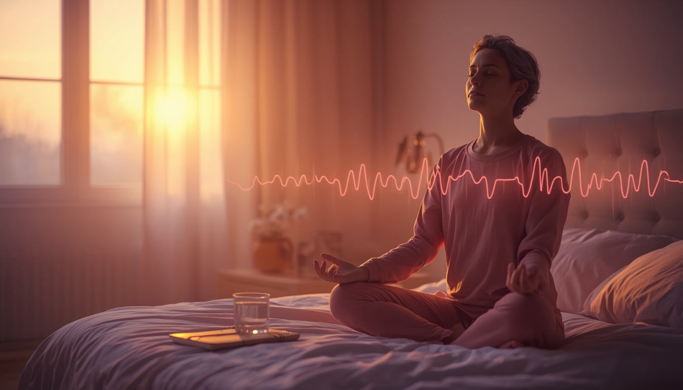 Peaceful bedroom scene at dawn, person sitting on edge of bed in meditation pose, soft golden morning light, journal and water glass on nightstand, theta brain wave visualization subtly overlaid, calm and serene atmosphere. Peaceful bedroom scene at dawn, person sitting on edge of bed in meditation pose, soft golden morning light, journal and water glass on nightstand, theta brain wave visualization subtly overlaid, calm and serene atmosphere.