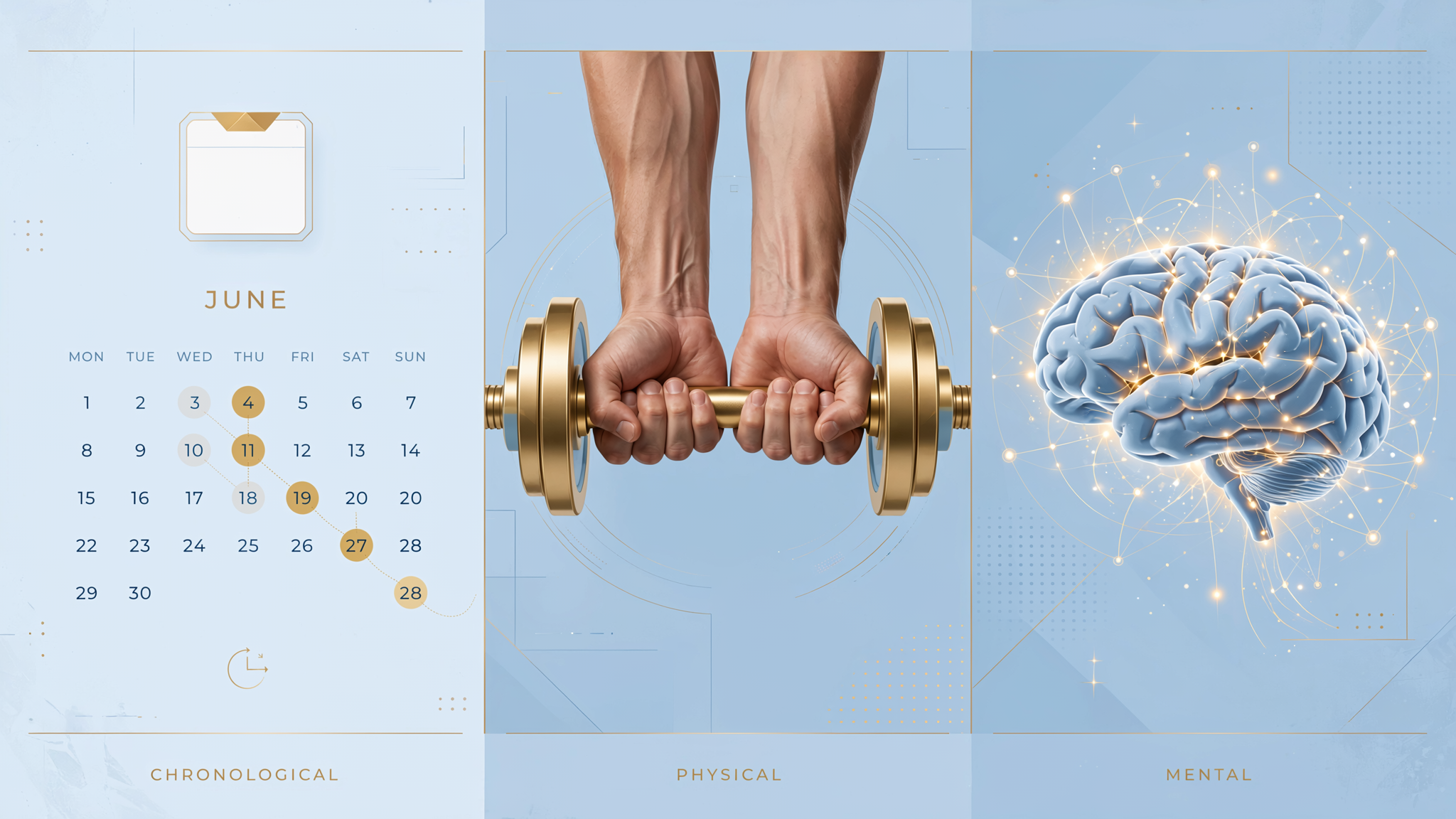 Split composition showing three symbolic representations: left side shows a calendar with dates (chronological), center shows strong athletic hands gripping a dumbbell (physical), right side shows a glowing brain with neural connections lighting up (mental) Split composition showing three symbolic representations: left side shows a calendar with dates (chronological), center shows strong athletic hands gripping a dumbbell (physical), right side shows a glowing brain with neural connections lighting up (mental)