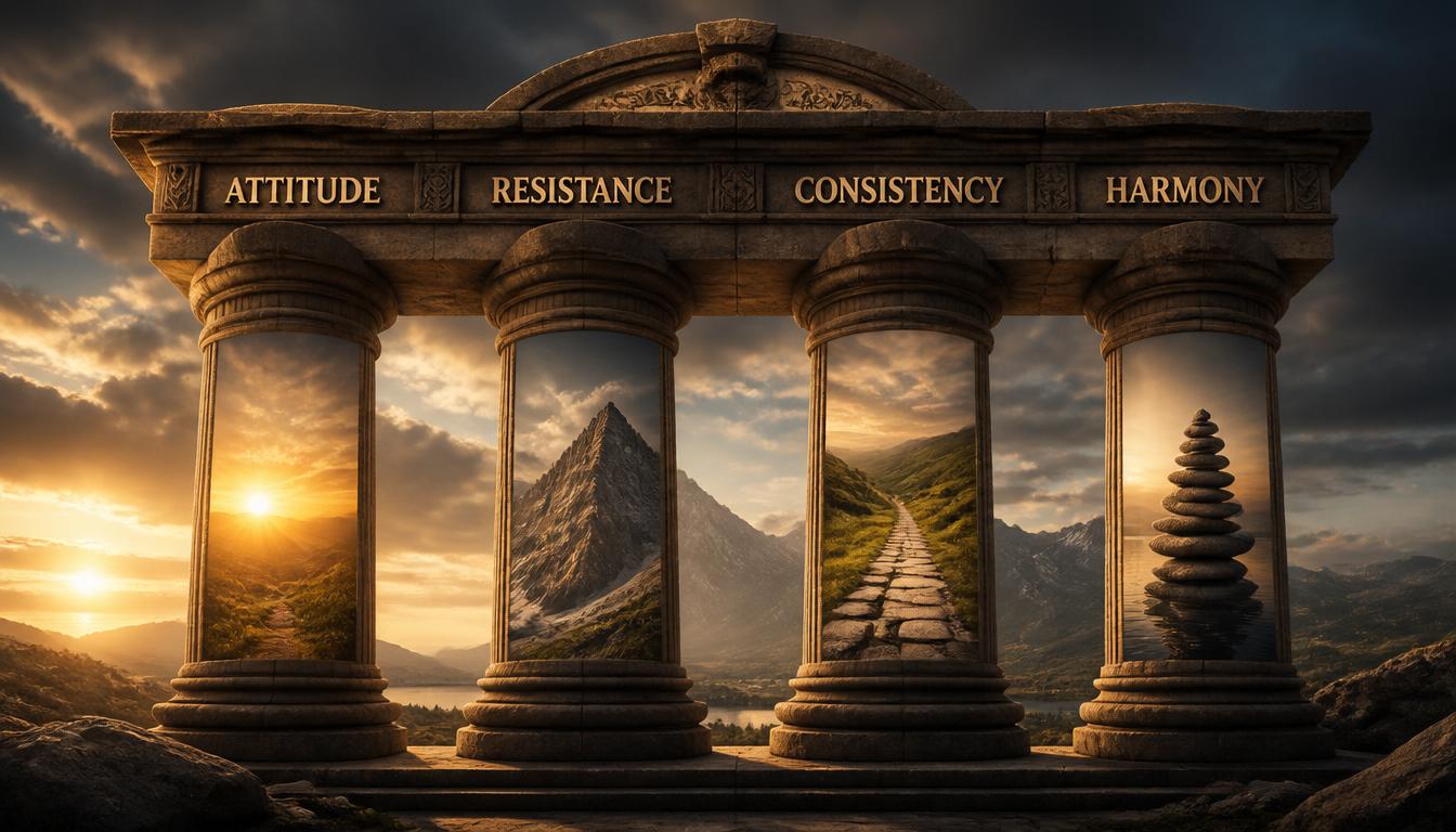 Four pillars forming an architectural arch structure, each pillar labeled: Attitude (sunrise), Resistance (mountain), Consistency (path), Harmony (balanced stones), dramatic lighting, inspirational fitness metaphor, earthy tones with golden highlights, photorealistic 3D render style Four pillars forming an architectural arch structure, each pillar labeled: Attitude (sunrise), Resistance (mountain), Consistency (path), Harmony (balanced stones), dramatic lighting, inspirational fitness metaphor, earthy tones with golden highlights, photorealistic 3D render style