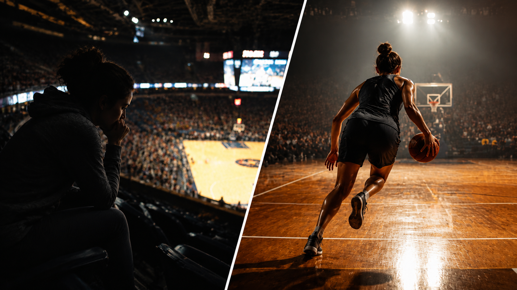A split composition showing a woman's silhouette in two states: on the left, she's sitting in dark stadium stands looking down at a brightly lit court below, appearing anxious and critical; on the right, the same woman is on the court itself in action, moving forward with determination. Dramatic lighting contrast between the dark stands and the illuminated court. Metaphorical representation of choosing between observation and participation. A split composition showing a woman's silhouette in two states: on the left, she's sitting in dark stadium stands looking down at a brightly lit court below, appearing anxious and critical; on the right, the same woman is on the court itself in action, moving forward with determination. Dramatic lighting contrast between the dark stands and the illuminated court. Metaphorical representation of choosing between observation and participation.