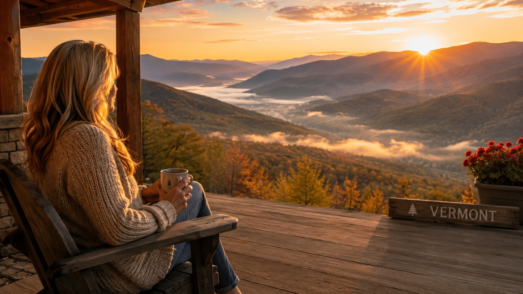 A peaceful morning scene of a woman in her late 40s sitting on a covered wooden deck in Vermont, looking out at a breathtaking 140-mile valley view between mountains at sunrise. She's in a contemplative pose with a coffee mug, wearing comfortable casual clothing. Golden hour lighting, misty valley below, cascading mountains in the distance. A sense of profound peace and presence. A peaceful morning scene of a woman in her late 40s sitting on a covered wooden deck in Vermont, looking out at a breathtaking 140-mile valley view between mountains at sunrise. She's in a contemplative pose with a coffee mug, wearing comfortable casual clothing. Golden hour lighting, misty valley below, cascading mountains in the distance. A sense of profound peace and presence.
