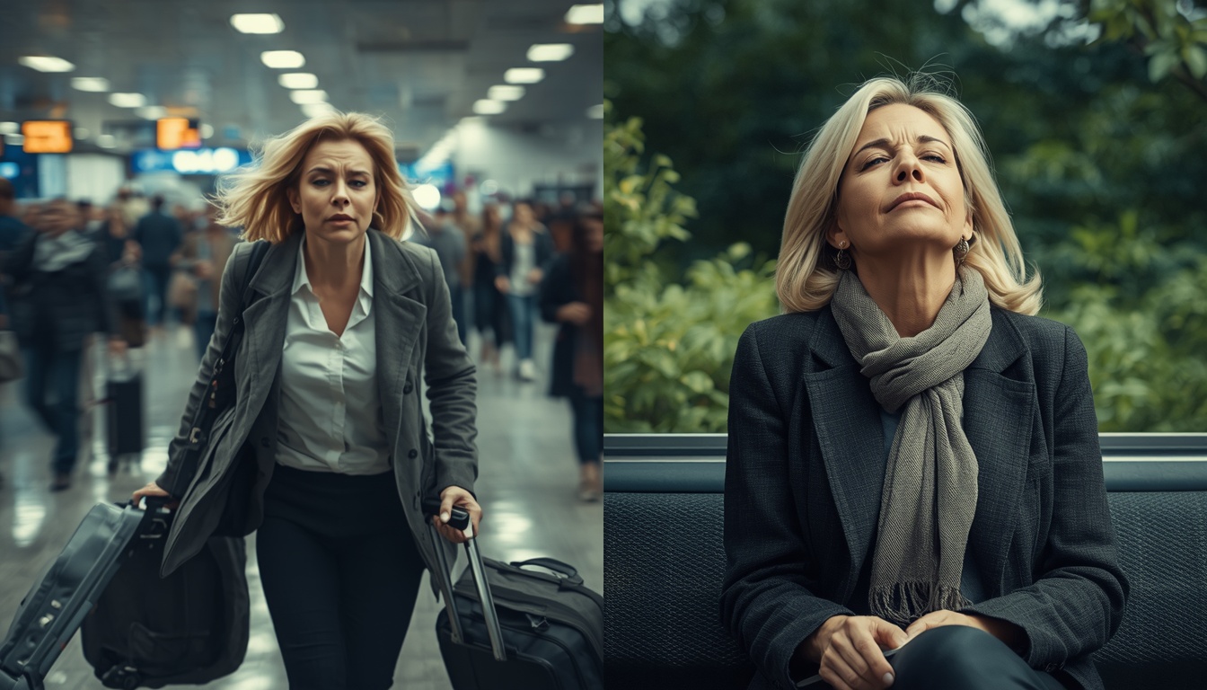 A powerful contrast image: left side shows a chaotic, blurred scene of someone rushing through an airport or city with luggage, phone in hand, stressed expression; right side shows the same person sitting peacefully in nature, eyes closed, breathing deeply, completely present. Sharp focus on the peaceful side, motion blur on the busy side. A powerful contrast image: left side shows a chaotic, blurred scene of someone rushing through an airport or city with luggage, phone in hand, stressed expression; right side shows the same person sitting peacefully in nature, eyes closed, breathing deeply, completely present. Sharp focus on the peaceful side, motion blur on the busy side.