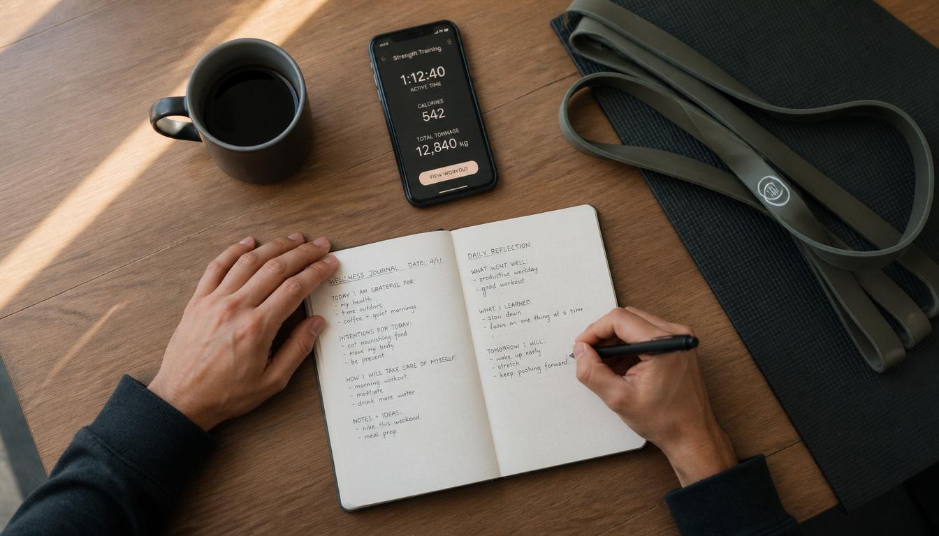 An overhead shot of a person's hands writing in a wellness journal next to a smartphone showing exercise tracking app, coffee cup, and resistance bands on a clean wooden table. Morning light, organized, intentional. An overhead shot of a person's hands writing in a wellness journal next to a smartphone showing exercise tracking app, coffee cup, and resistance bands on a clean wooden table. Morning light, organized, intentional.