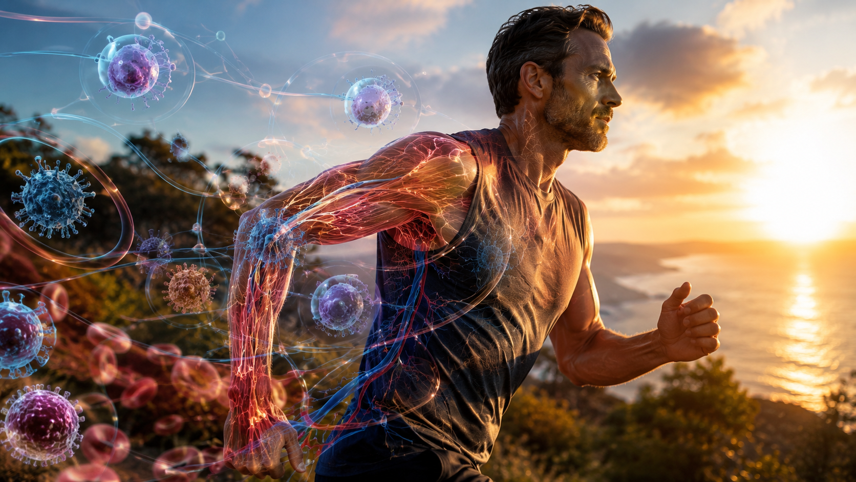 A hyper-realistic, cinematic shot of a human silhouette composed of flowing golden light particles, mid-stride in a powerful sprint, set against a deep navy blue background representing the cellular world. Bioluminescent sparks (representing immune cells) are swirling around the figure. A hyper-realistic, cinematic shot of a human silhouette composed of flowing golden light particles, mid-stride in a powerful sprint, set against a deep navy blue background representing the cellular world. Bioluminescent sparks (representing immune cells) are swirling around the figure.