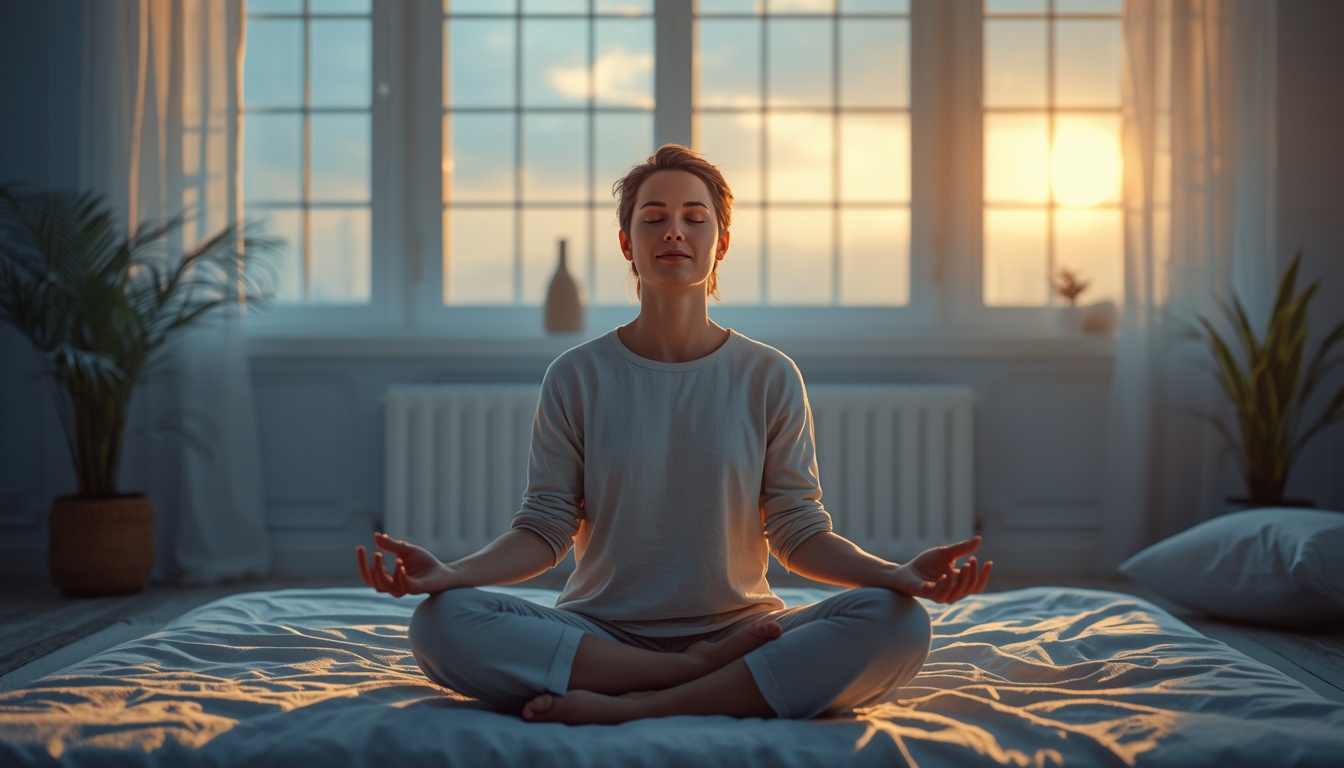A person in comfortable clothing sitting peacefully in meditation pose in a serene bedroom at dawn, soft blue and gold morning light filtering through windows, eyes closed, calm expression. A person in comfortable clothing sitting peacefully in meditation pose in a serene bedroom at dawn, soft blue and gold morning light filtering through windows, eyes closed, calm expression.