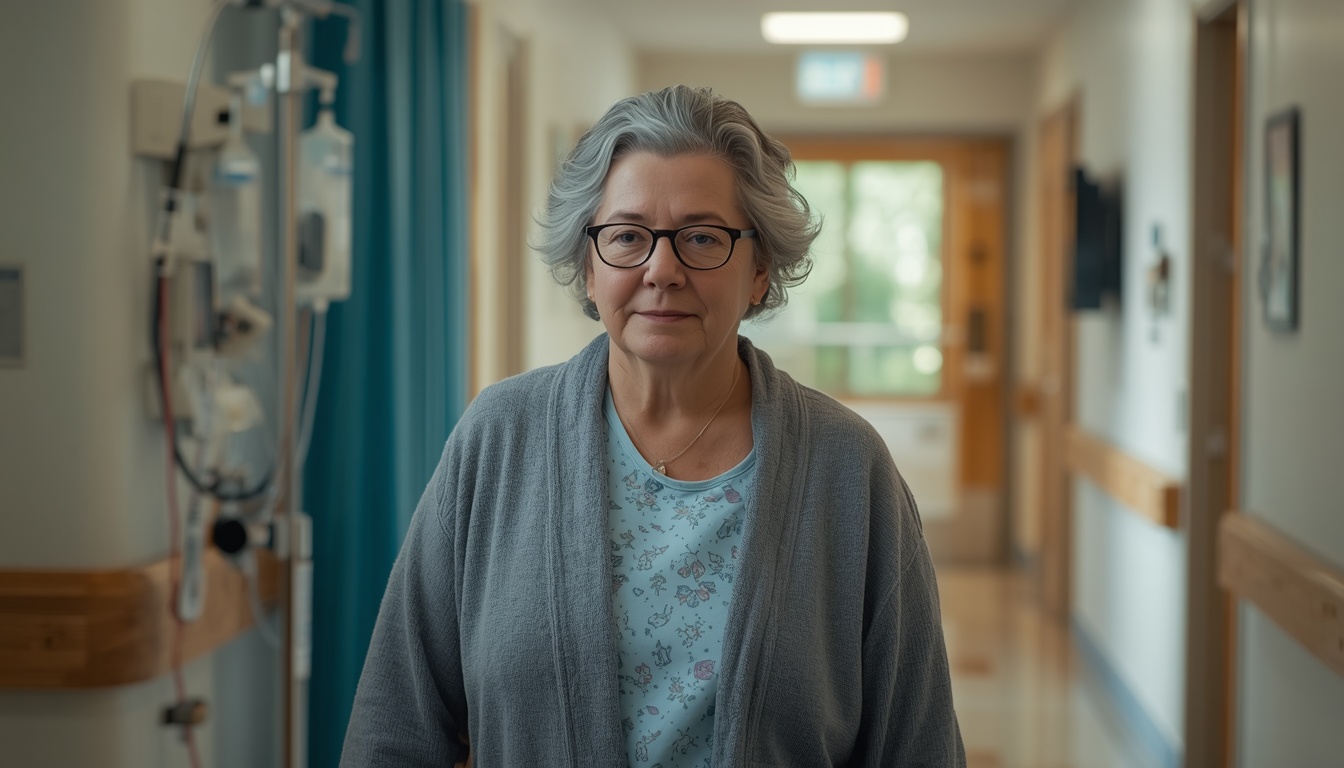 A patient in treatment (subtle medical setting cues like hospital gown & IV pole in background) doing gentle movement or walking in a healing garden or hospital corridor, peaceful but determined expression, soft natural lighting, hopeful and dignified tone. A patient in treatment (subtle medical setting cues like hospital gown & IV pole in background) doing gentle movement or walking in a healing garden or hospital corridor, peaceful but determined expression, soft natural lighting, hopeful and dignified tone.