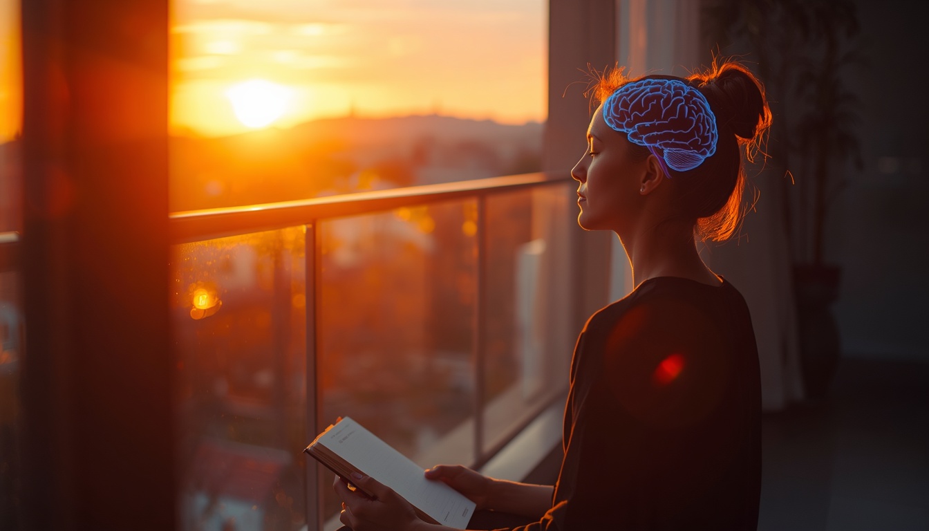 A person in peaceful meditation during golden hour sunrise, sitting on a balcony near a window. Soft theta brain wave visualization in subtle blue/purple tones around their head. Warm morning light, calm expression, holding a journal. Photorealistic, serene atmosphere, spiritual but grounded. Represents the 5-minute theta window. A person in peaceful meditation during golden hour sunrise, sitting on a balcony near a window. Soft theta brain wave visualization in subtle blue/purple tones around their head. Warm morning light, calm expression, holding a journal. Photorealistic, serene atmosphere, spiritual but grounded. Represents the 5-minute theta window.